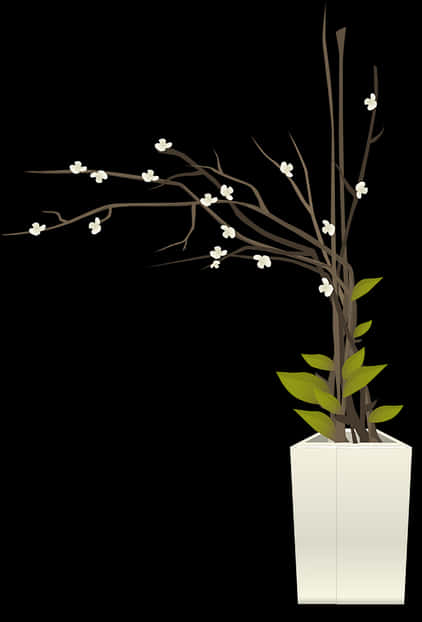 White Flower Branch In Pot PNG