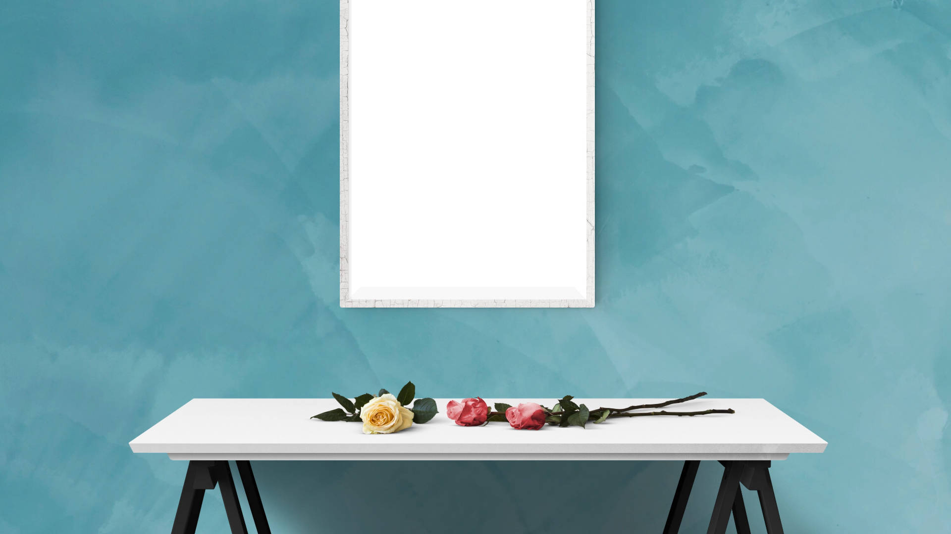 White Frame Mounted On Blue Wall For Mockup Wallpaper