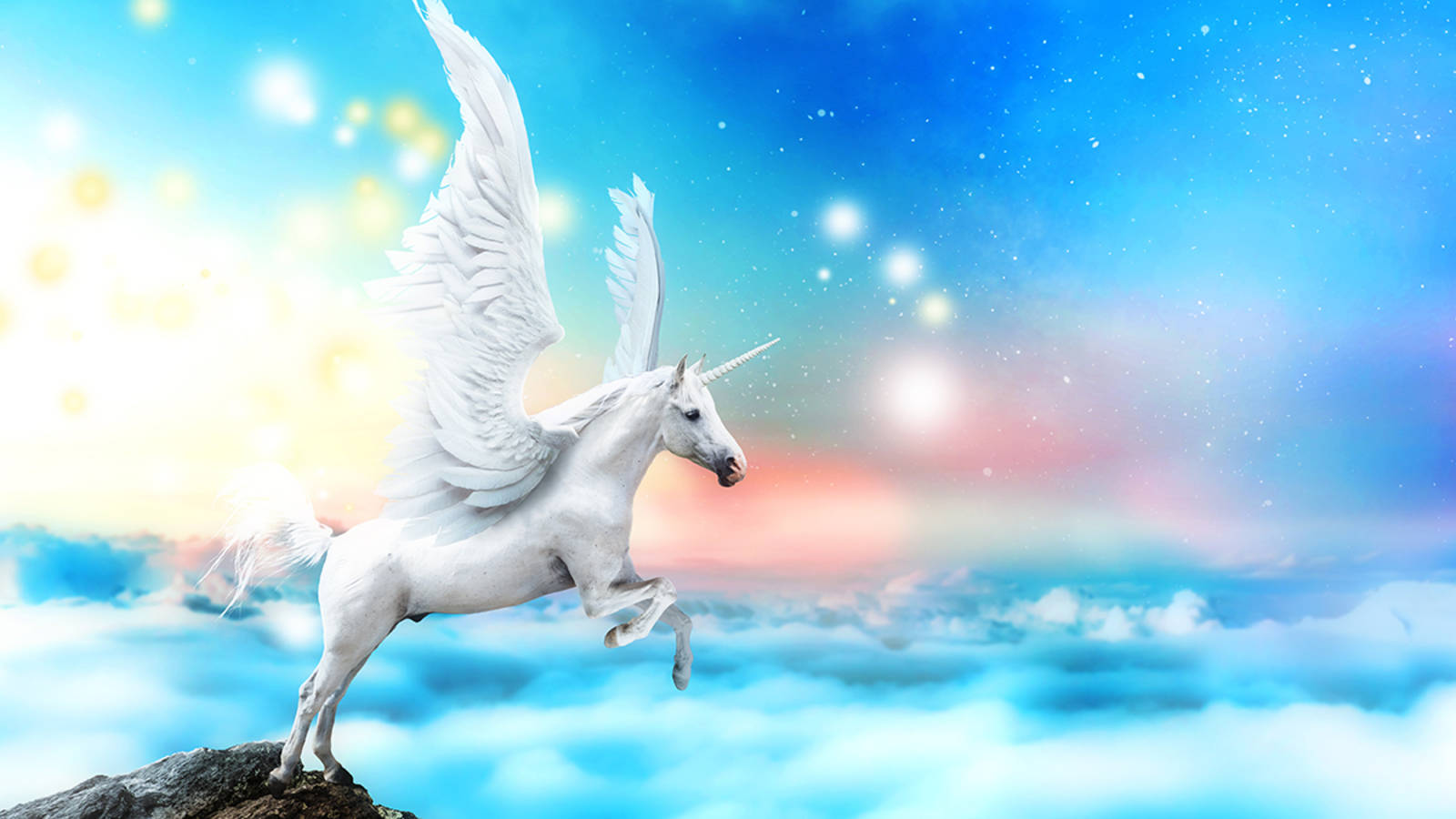 White Galaxy Unicorn In Pastel Blue Skies Background