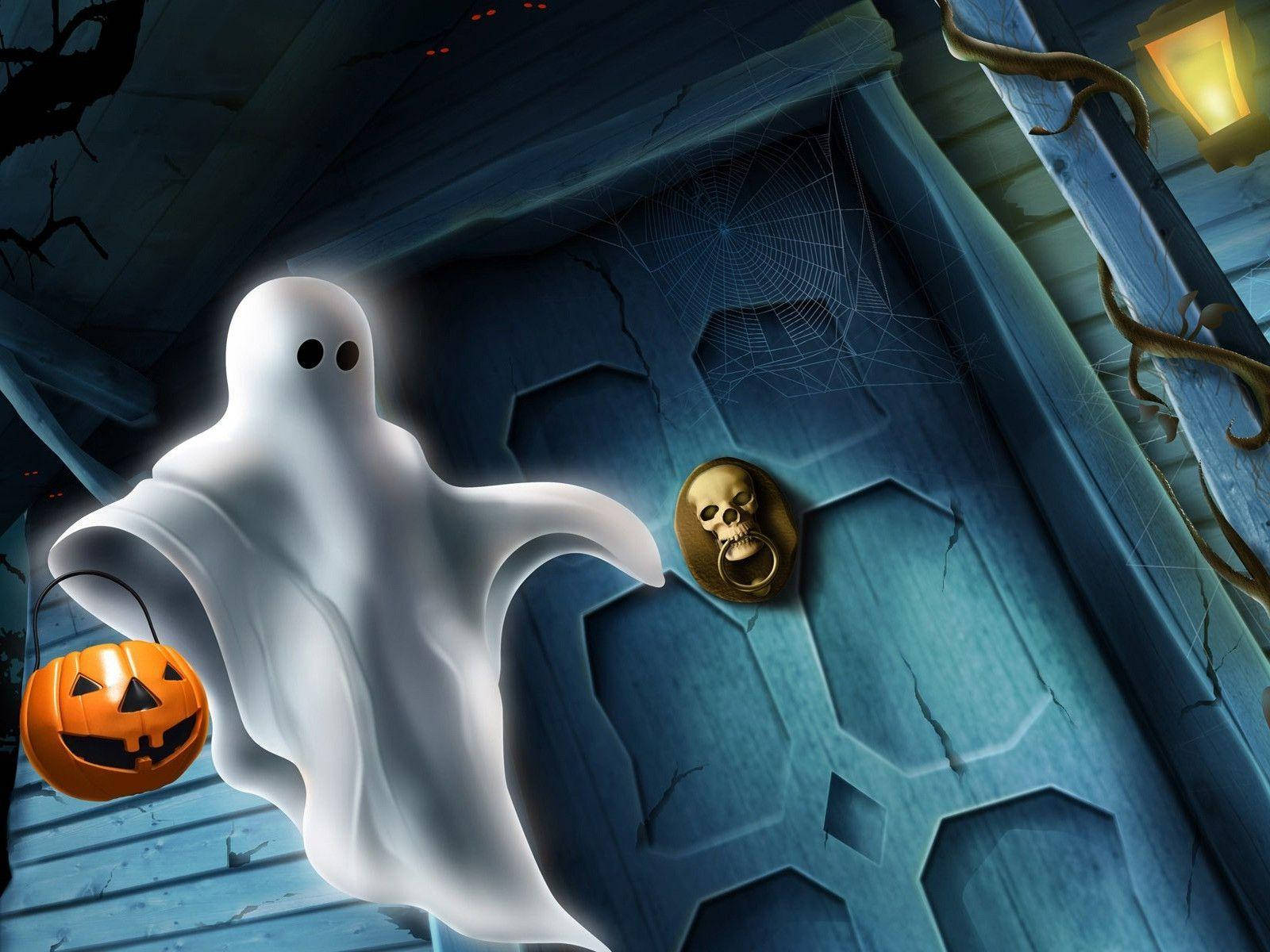 White Ghost Outside Haunted House Wallpaper