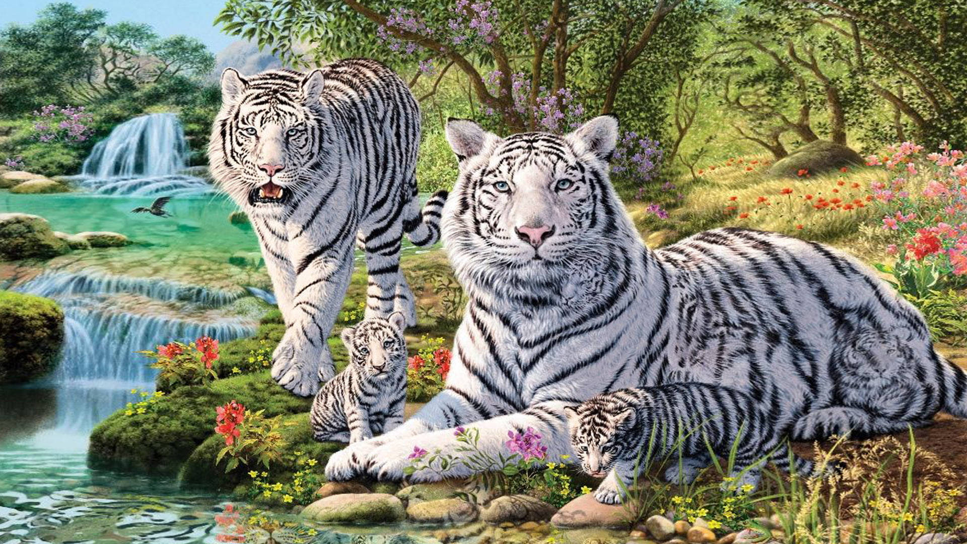 White Harimau Family Painting Wallpaper