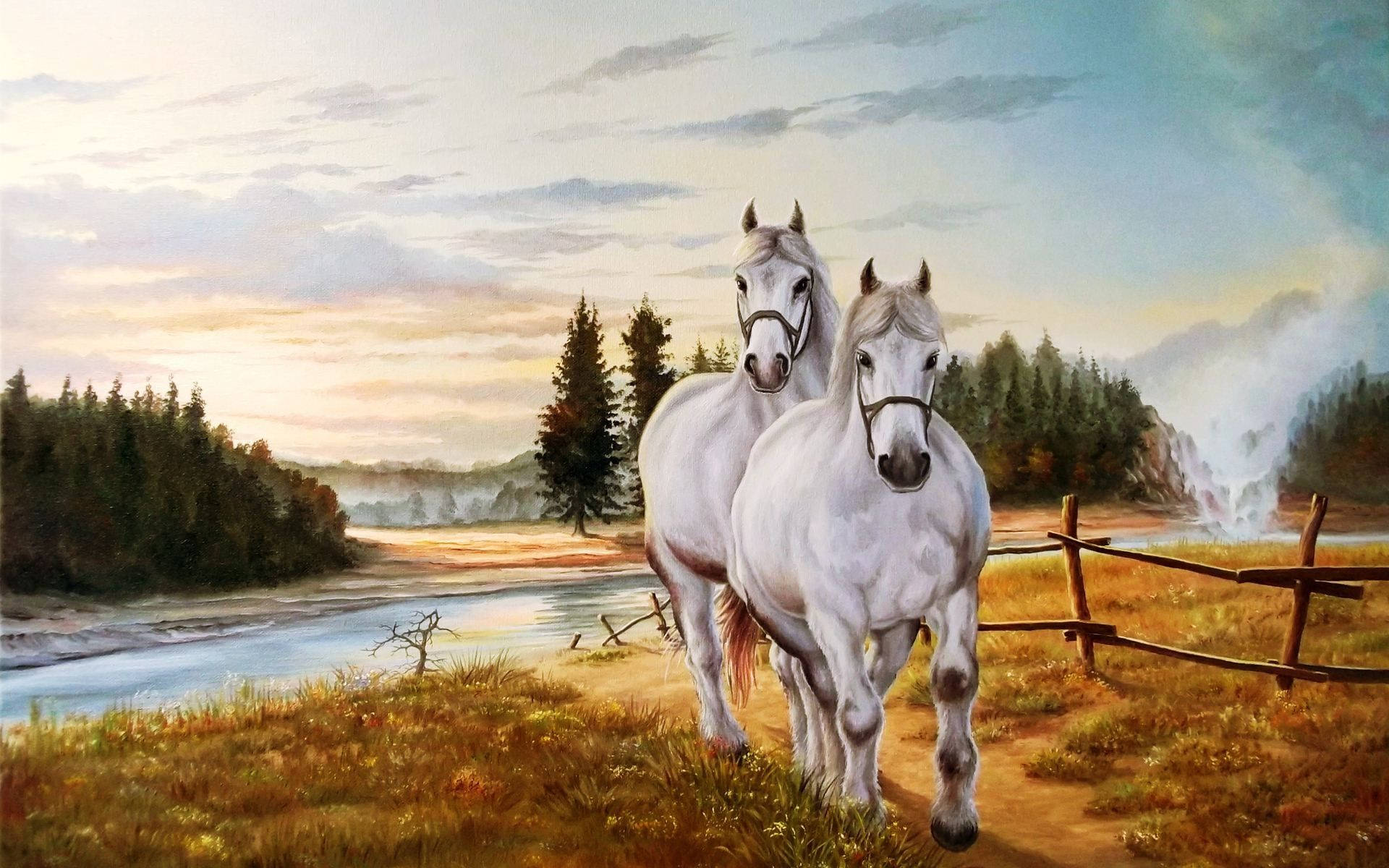 White Horses Paint Art Wallpaper