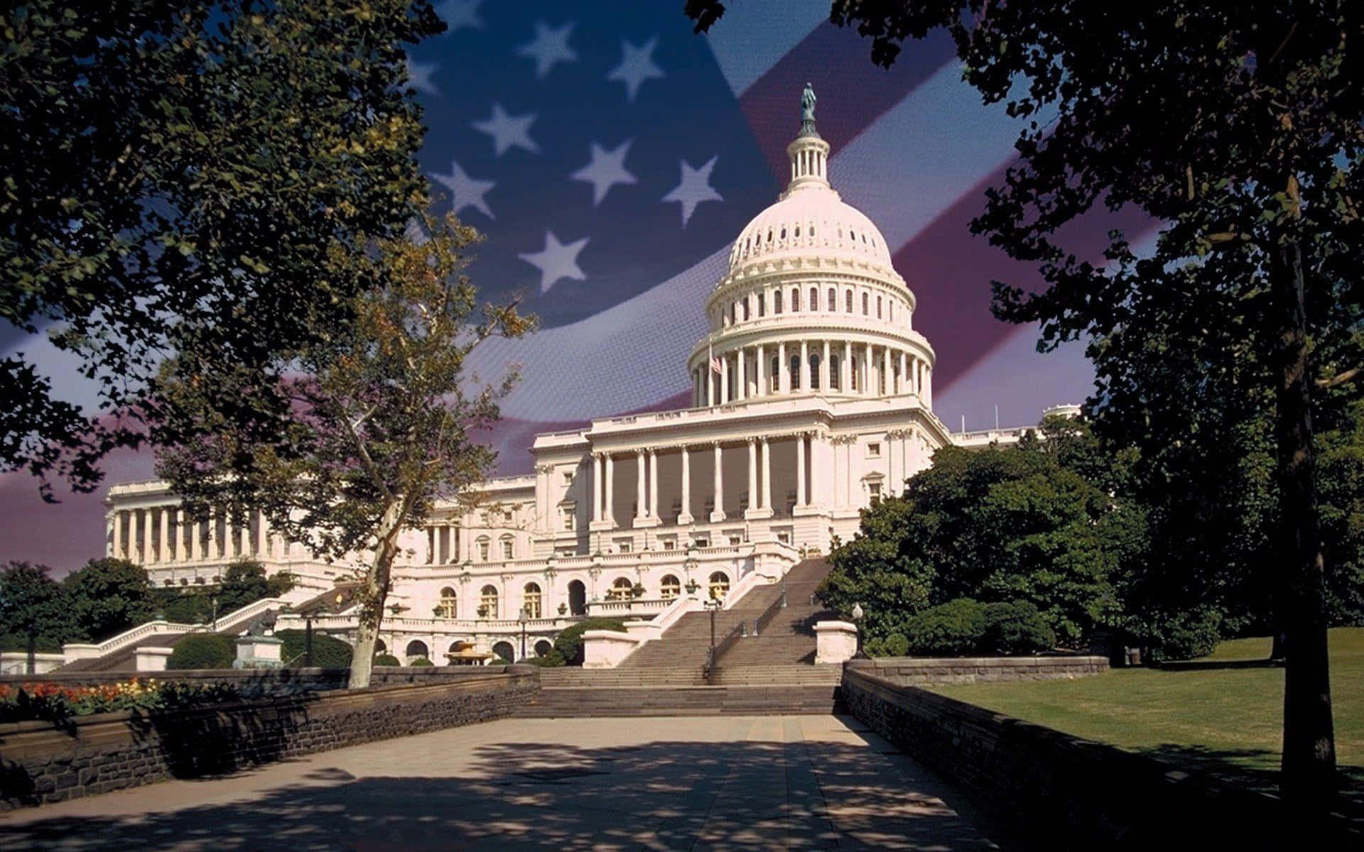 Eledificio Del Capitolio De Los Estados Unidos Con Una Bandera Americana.