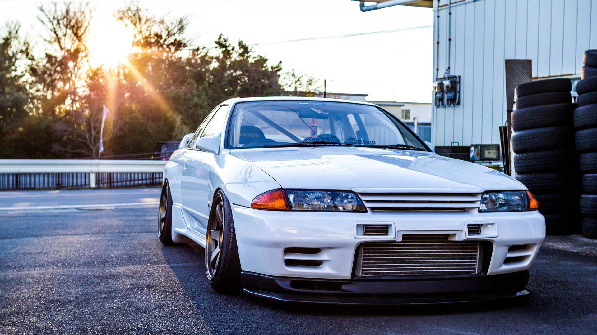 White JDM Car With Sunset Rays Wallpaper