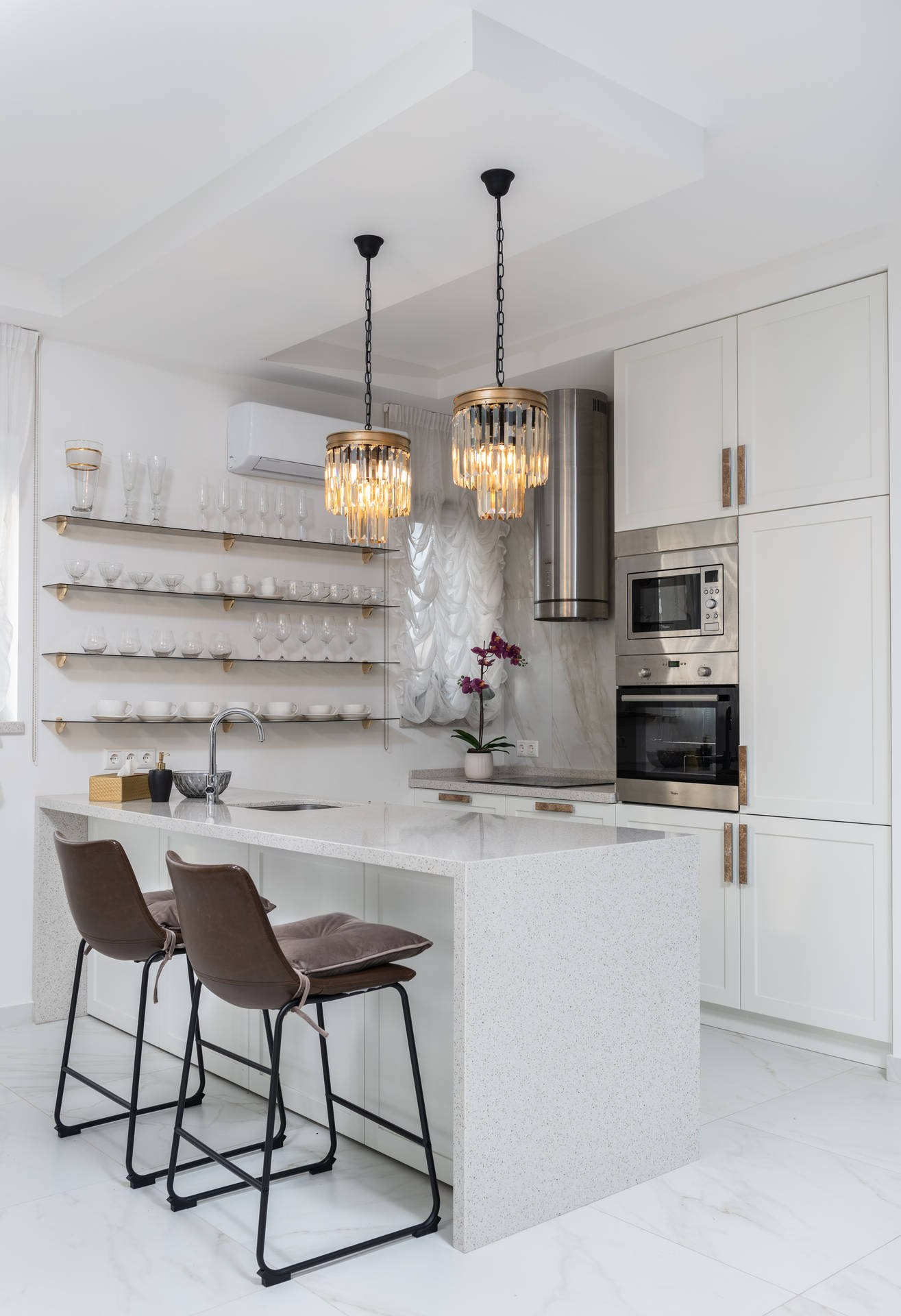 White Kitchen Interior With Two Leather Chairs Wallpaper