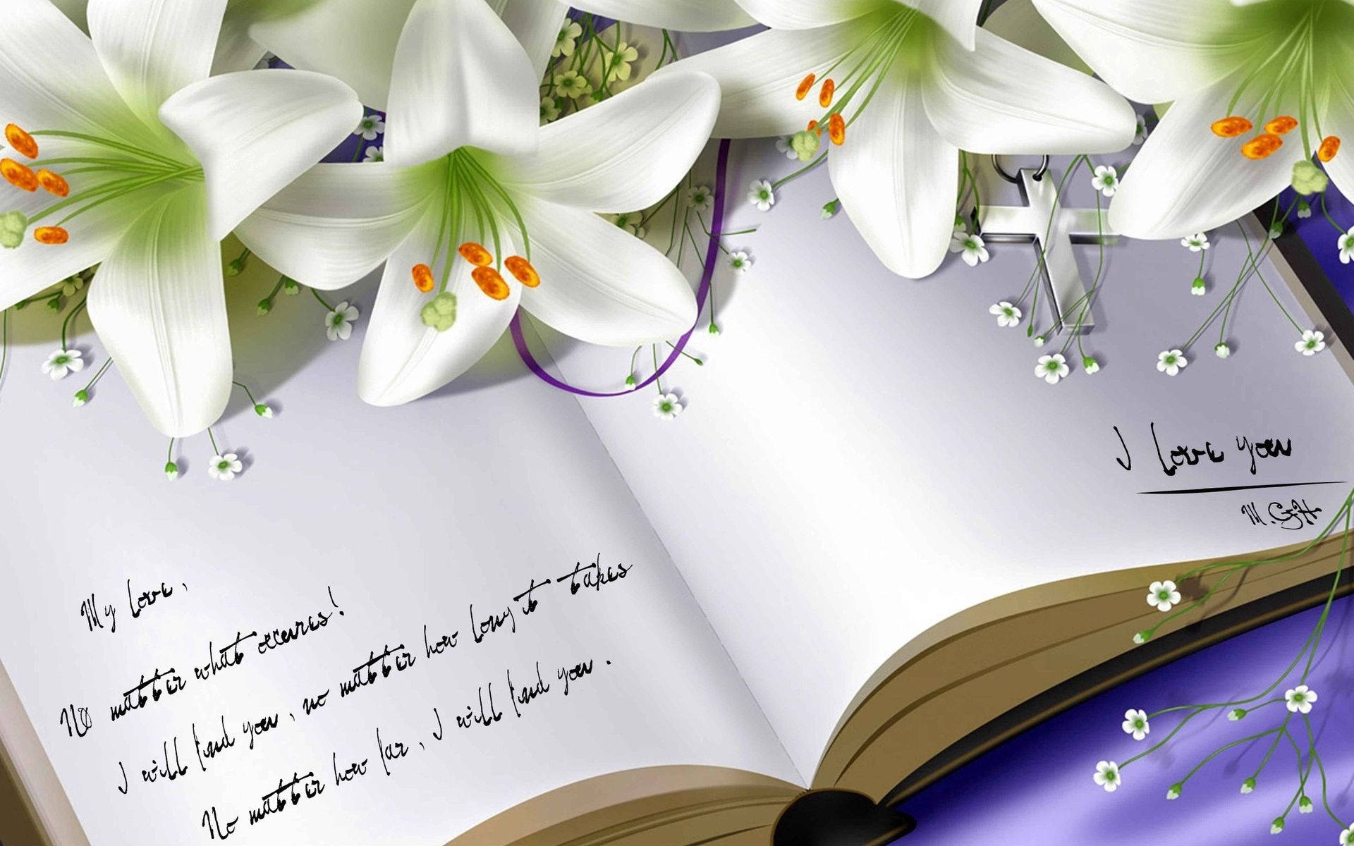 White lilies on an open book wallpaper