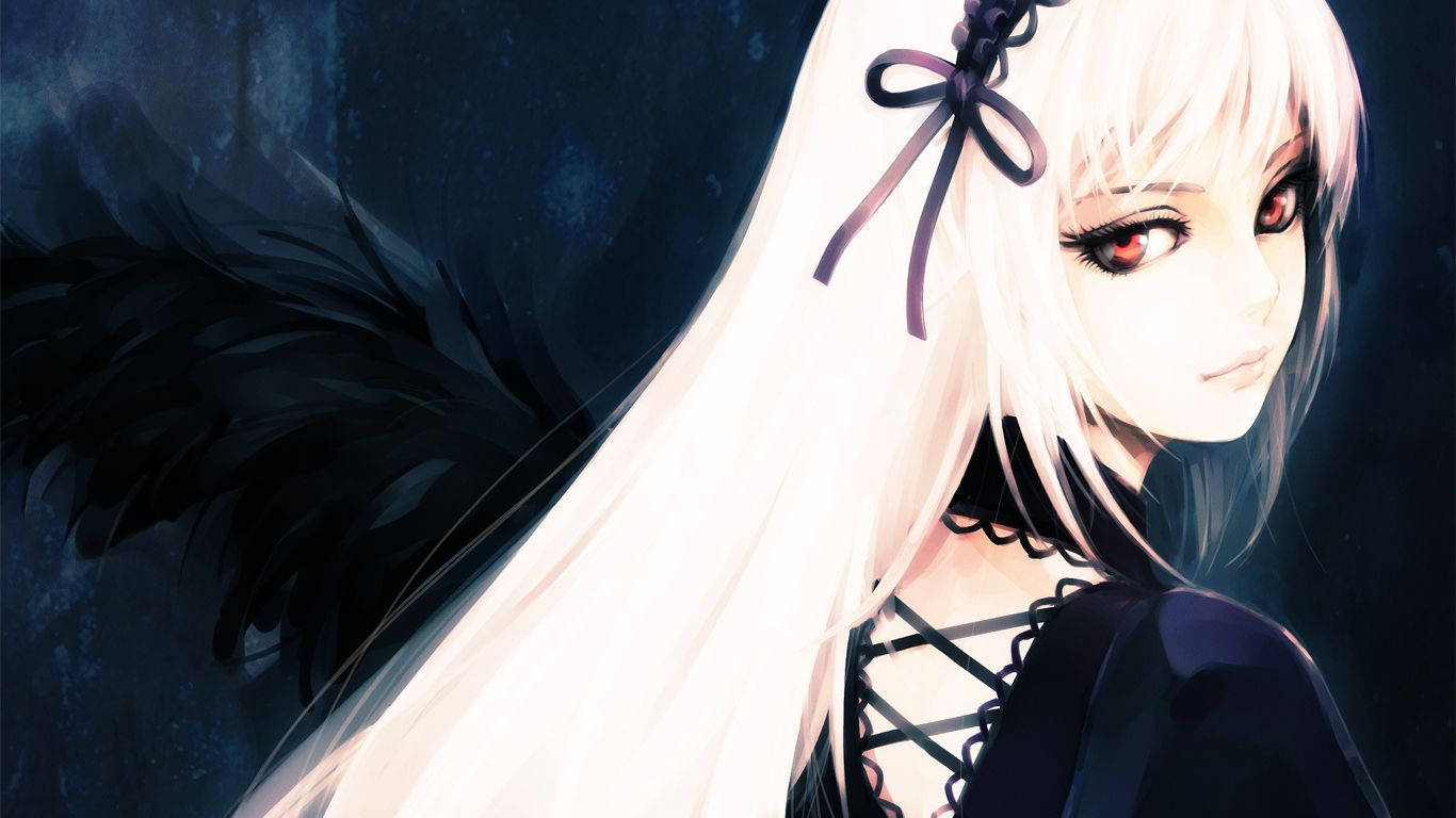 Anime girl with white long hair wearing a black dress wallpaper