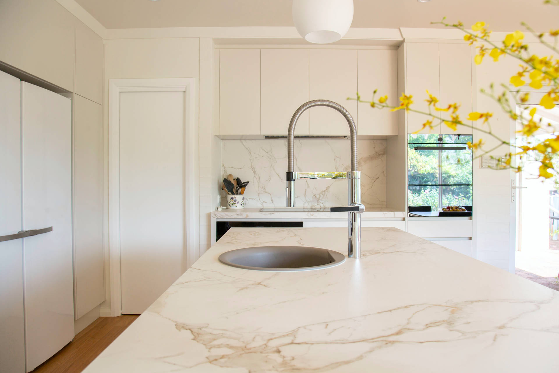 White Marble Kitchen Counter Wallpaper