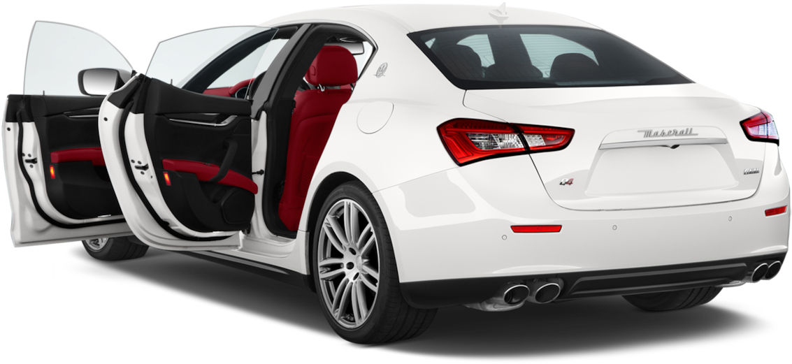 White Maserati Ghibli Rear View Open Doors PNG