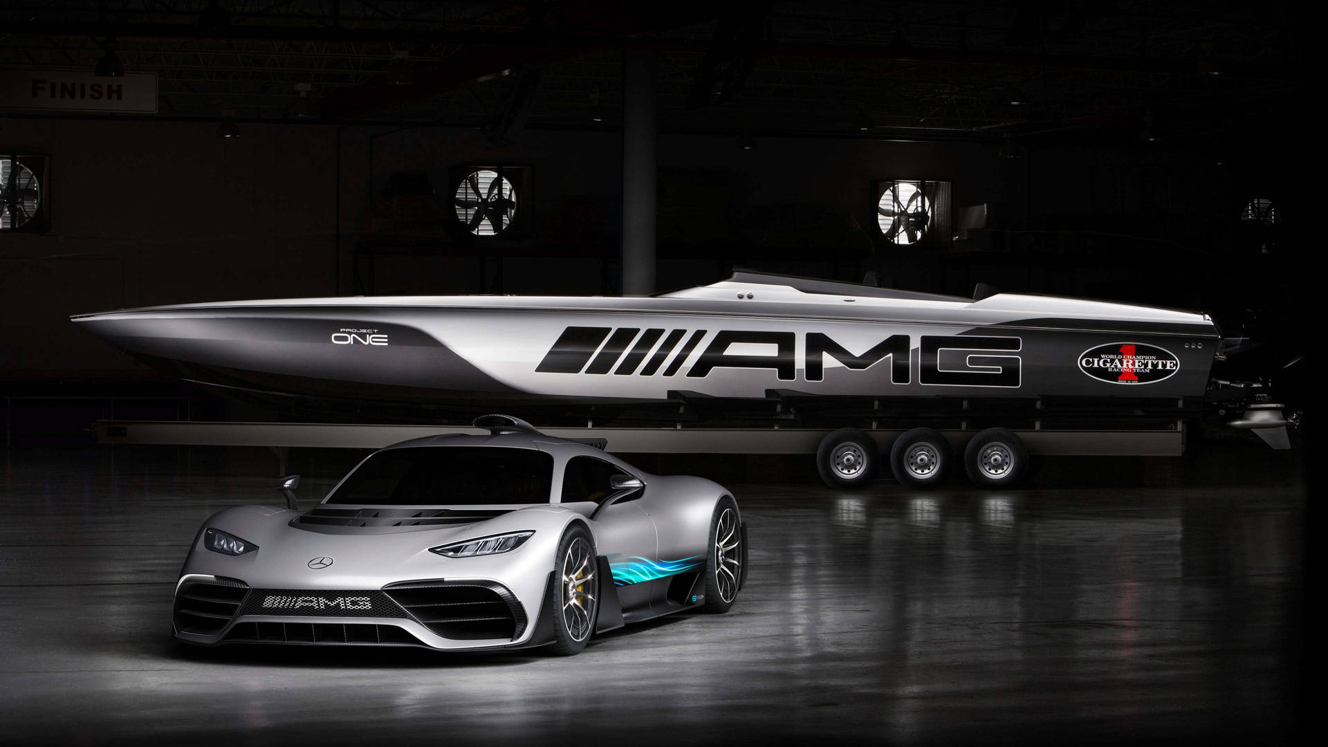 White Mercedes AMG ONE And Boat Wallpaper