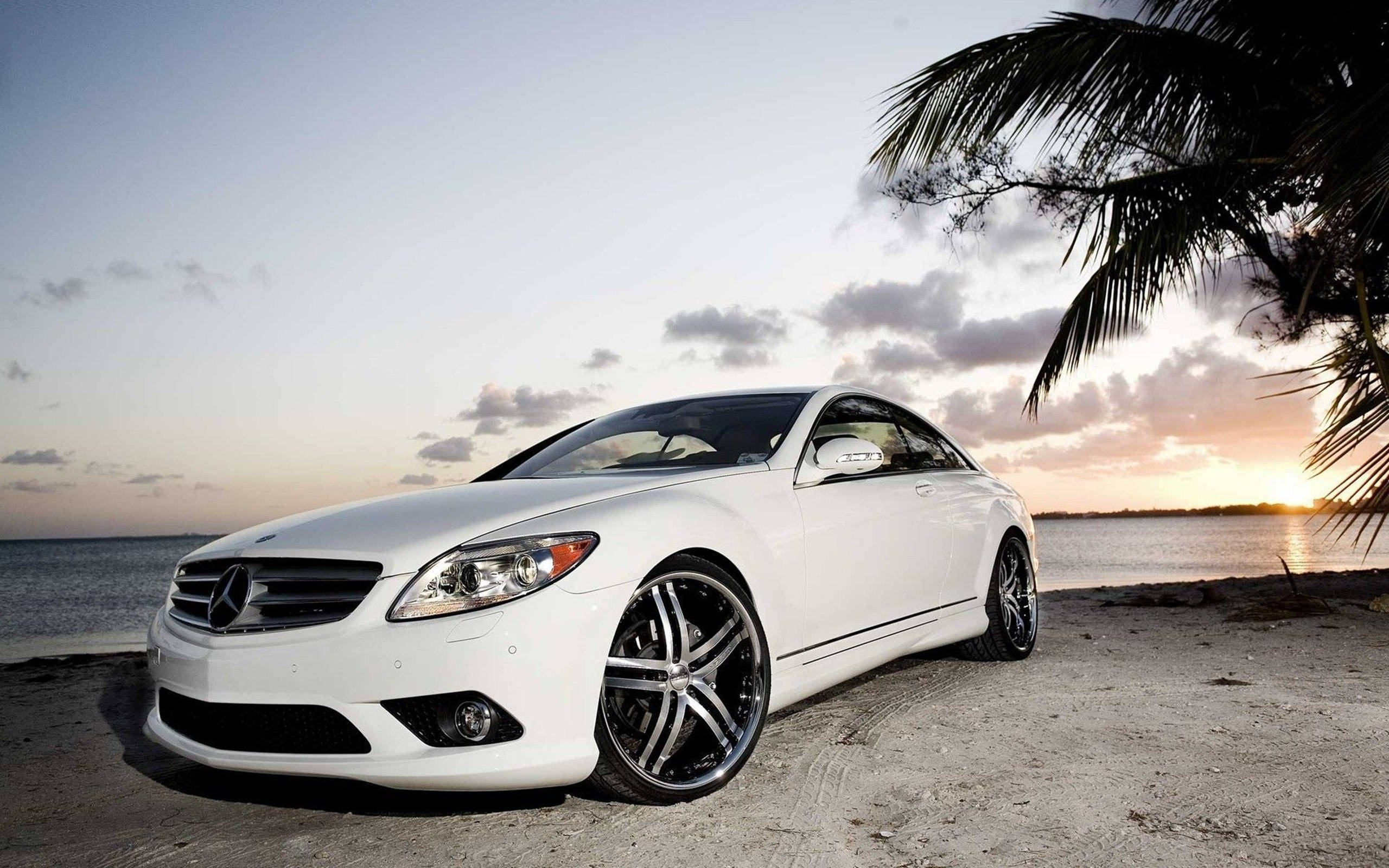 White Mercedes-Benz Beach Sunset HD Wallpaper