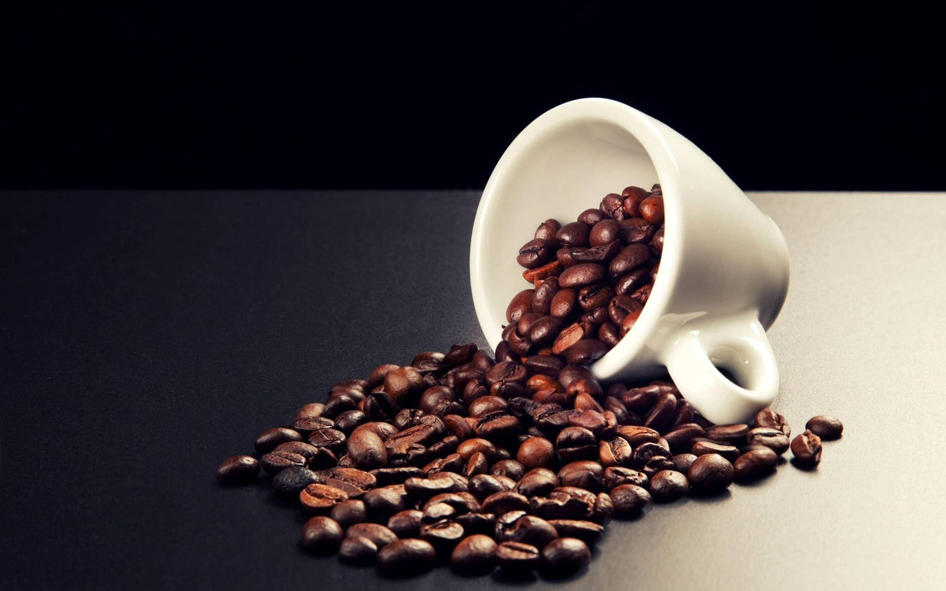 White Mug Spilling Coffee Beans Background