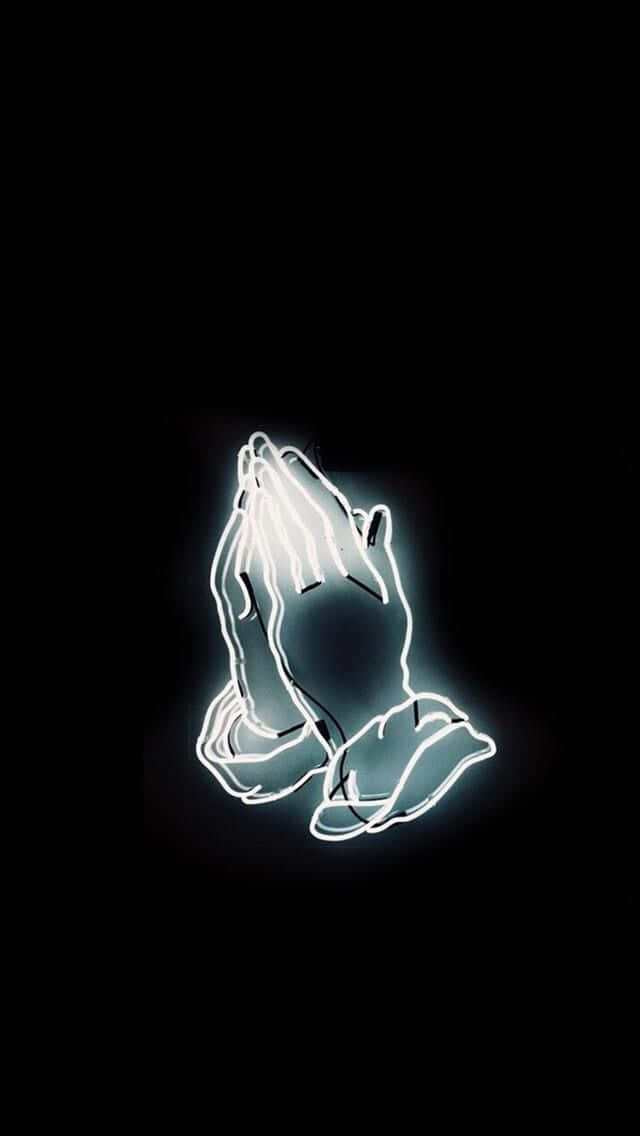 En neon hånd med en bøn på den. Wallpaper