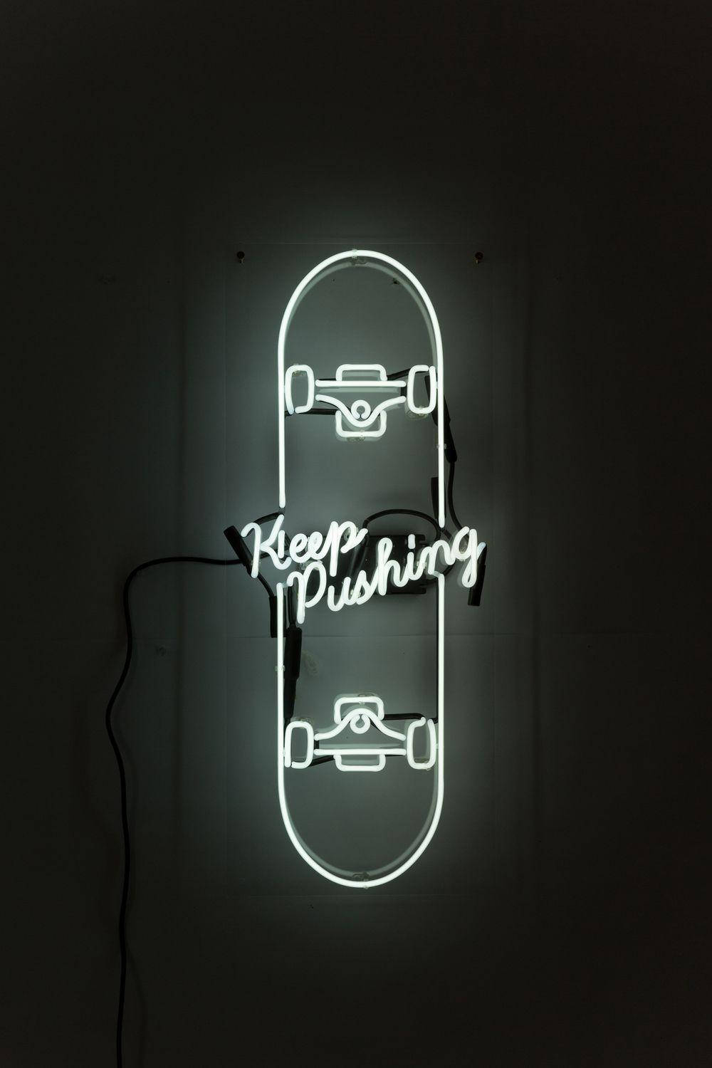 White Neon Keep Pushing Skater Aesthetic Background