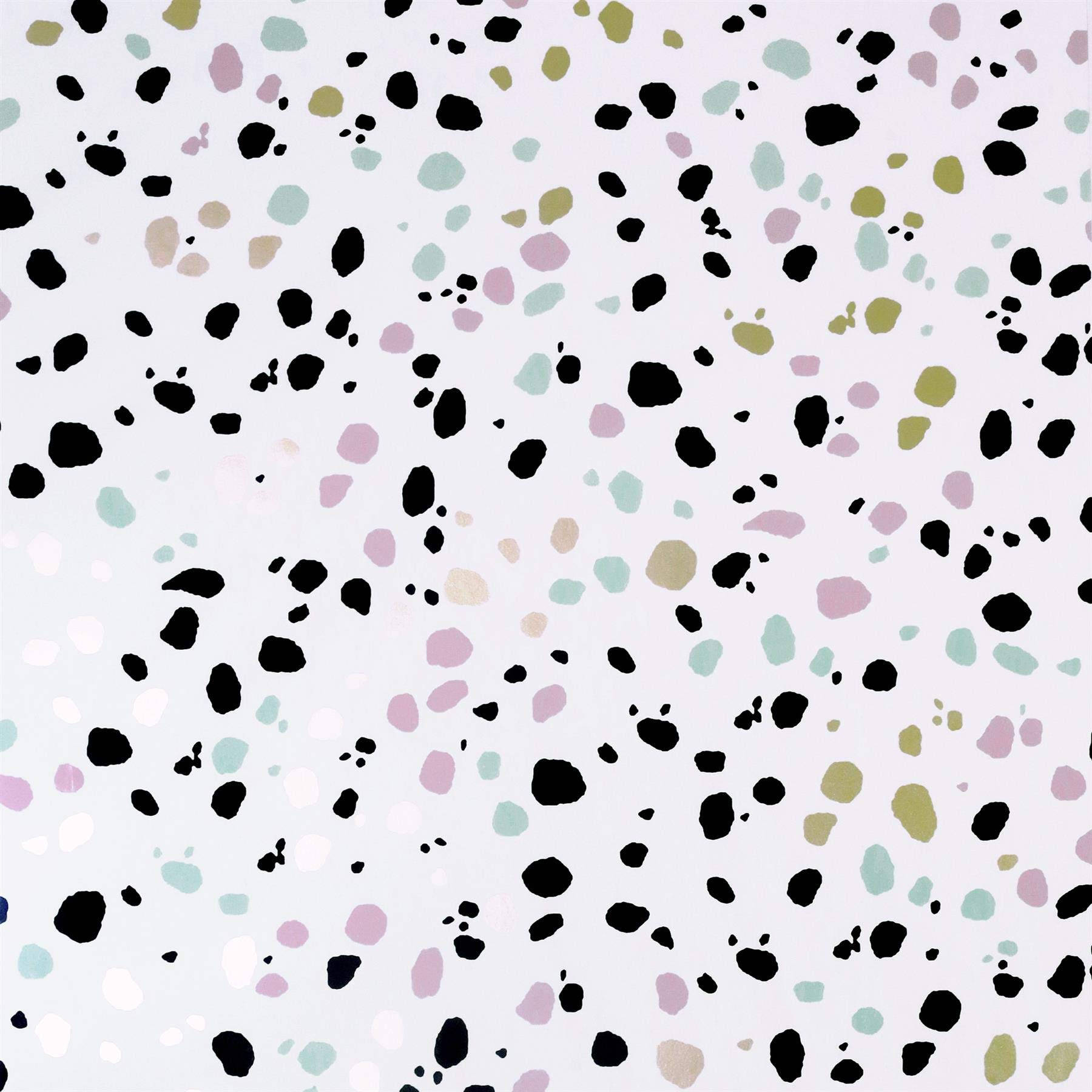 En hvid baggrund med sorte, pink og grønne prikker Wallpaper