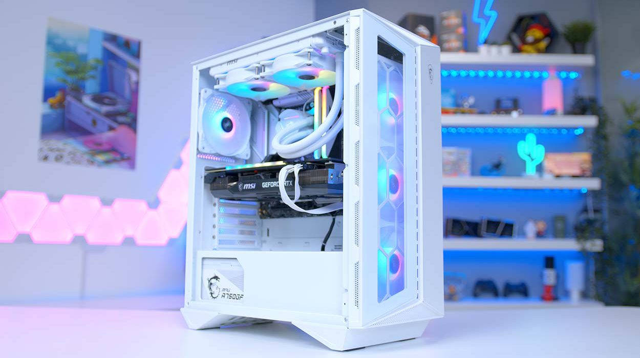A White Computer Case With Blue Lights On It Wallpaper