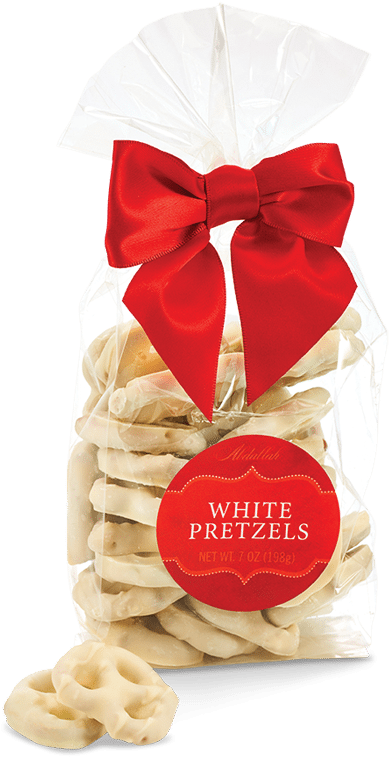 White Pretzelsin Transparent Packagewith Red Bow PNG