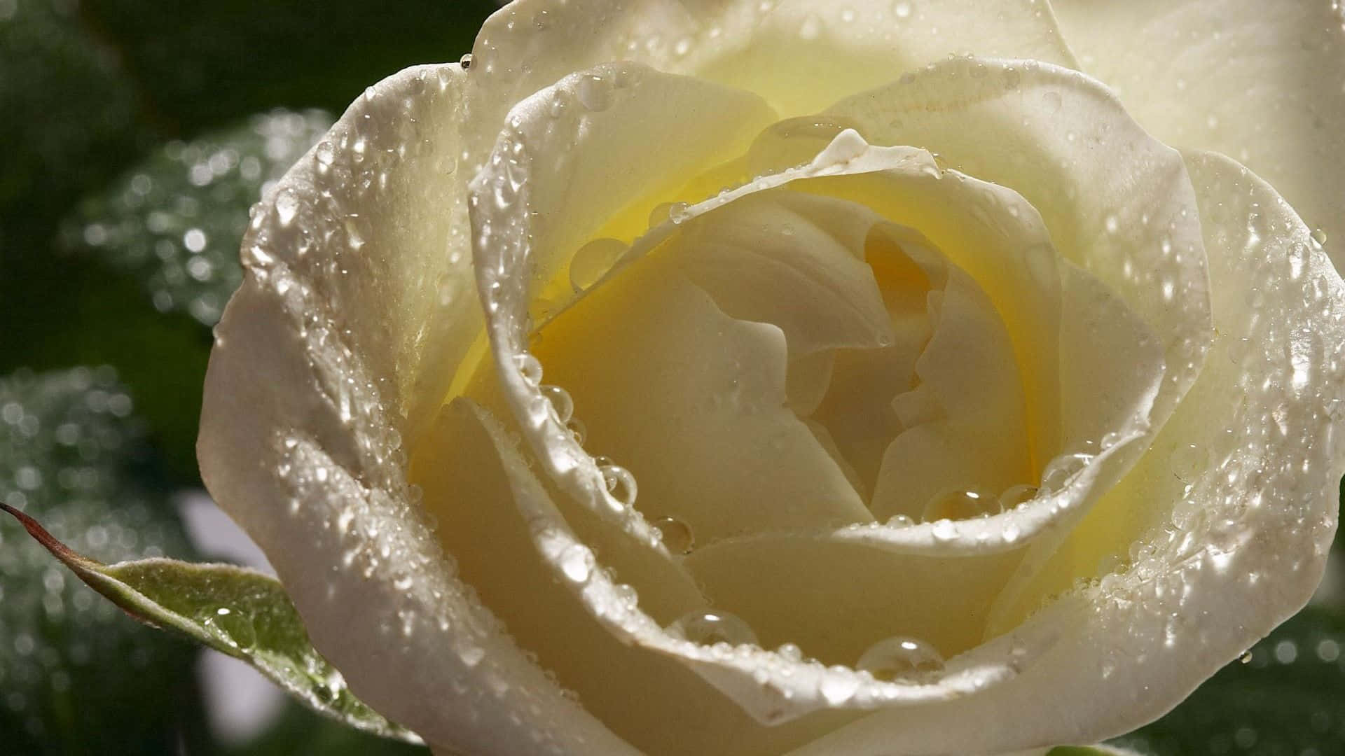 En Stunning Hvid Rose, der Skiller sig ud i en Have af Grønt.
