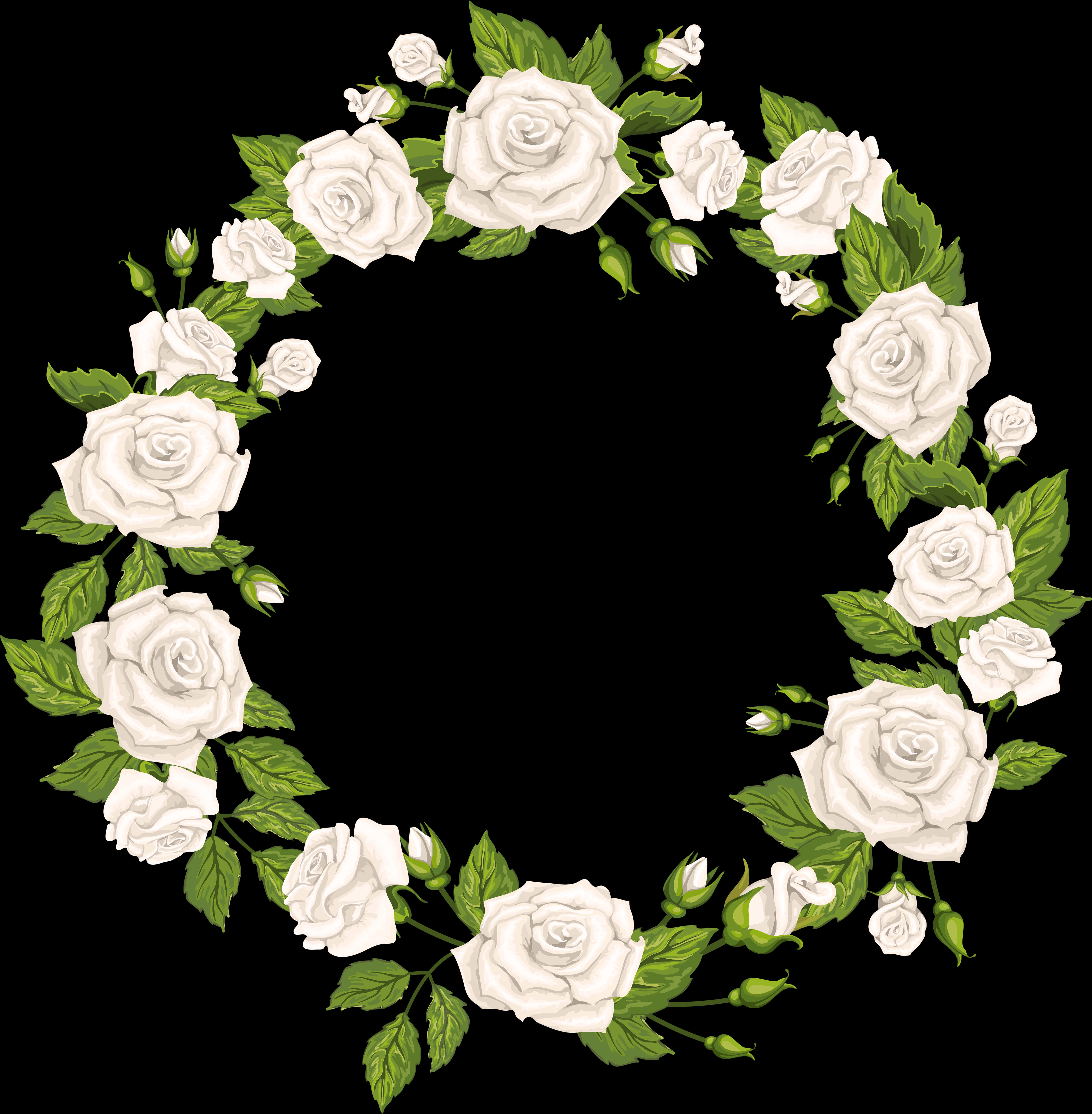 White Rose Wreath Black Background PNG