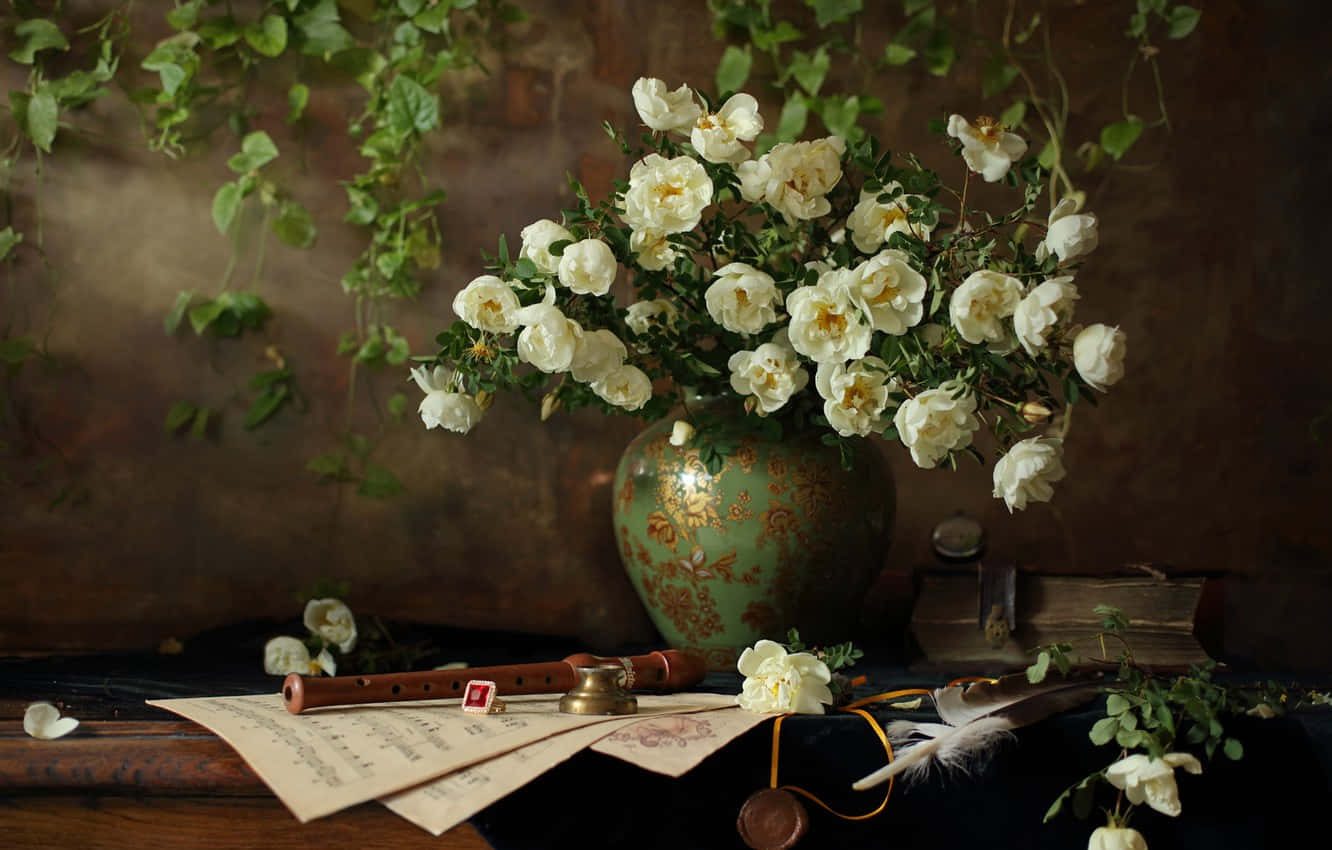 White Roses Vase Still Life Wallpaper