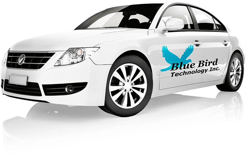 White Sedan Blue Bird Technology Branding PNG