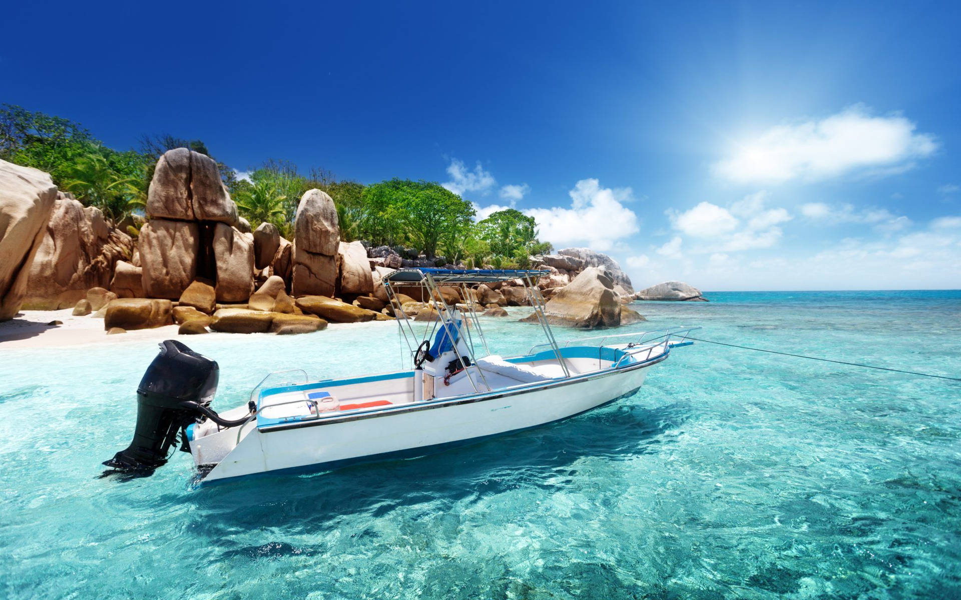 White Speed Boat In Shallow Water Wallpaper