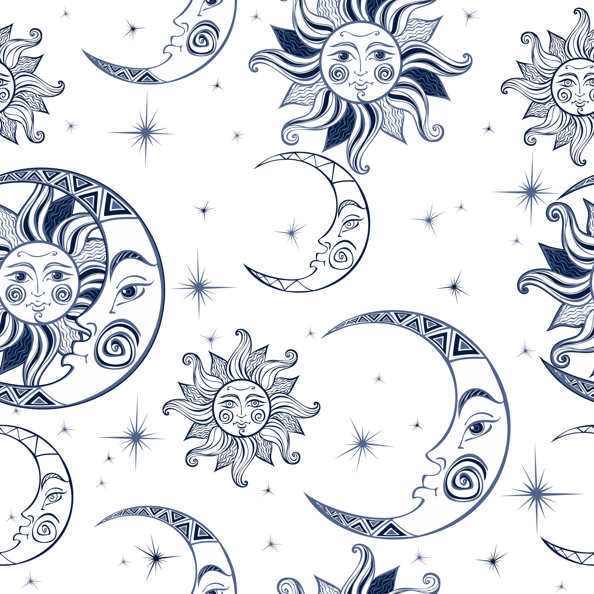 Hvid sol, måne, og stjerner på en midnat blå baggrund Wallpaper