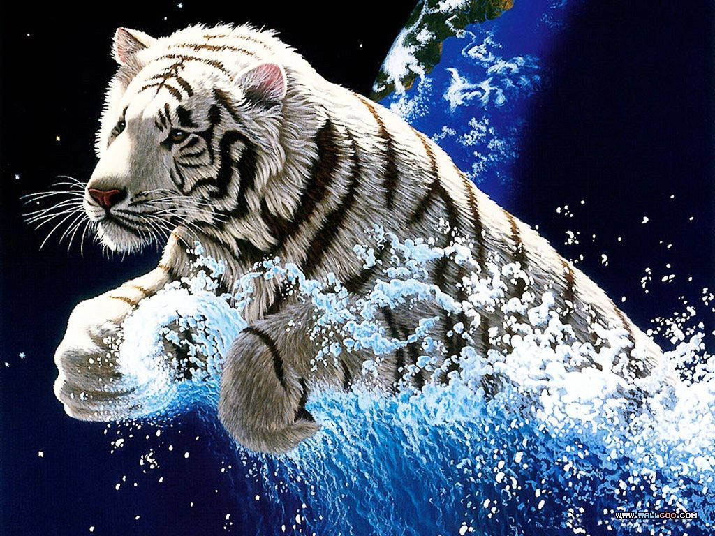 White tiger riding the waves, animated HD wallpaper.