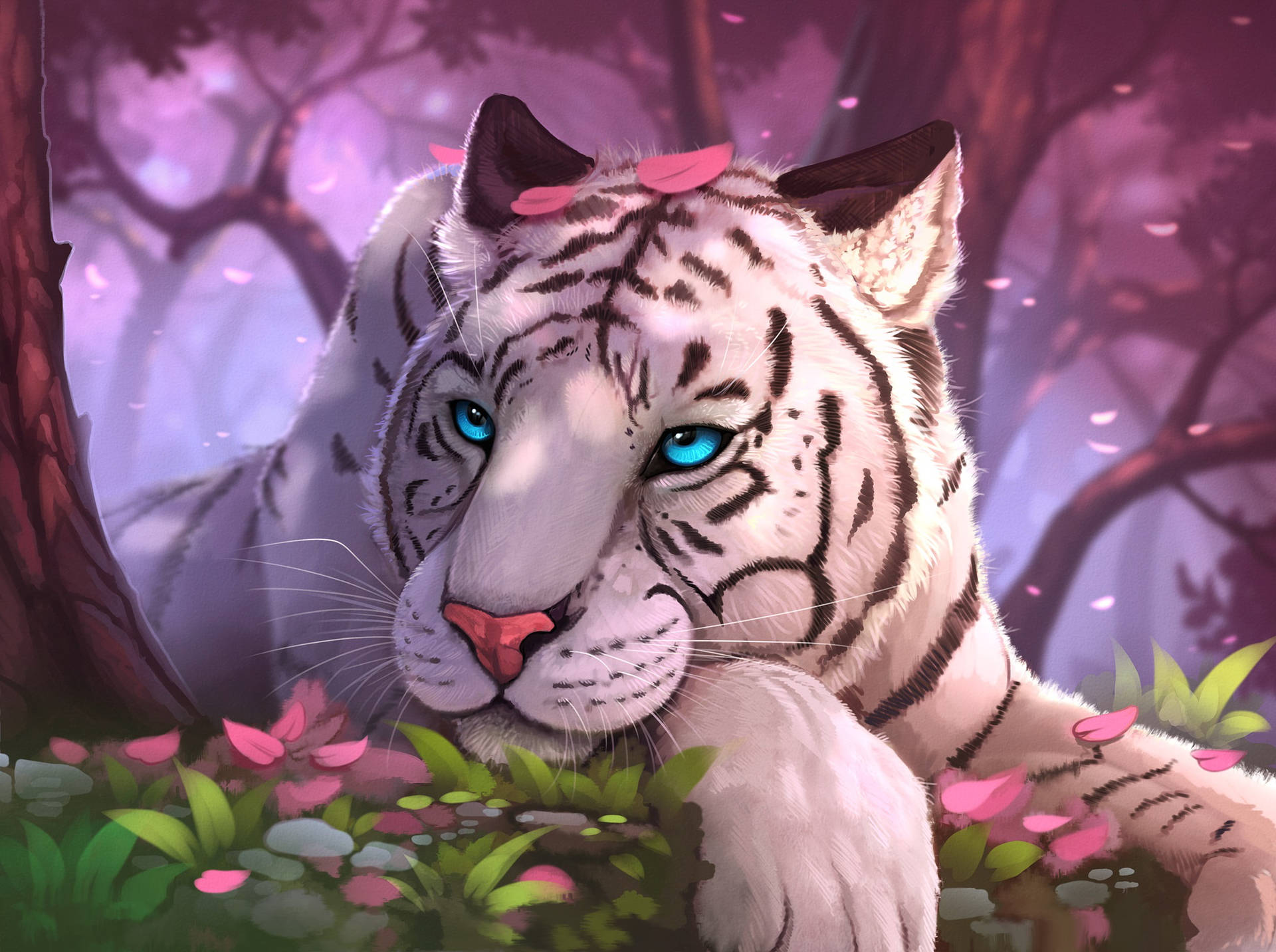 White Tiger Floral Painting Wallpaper