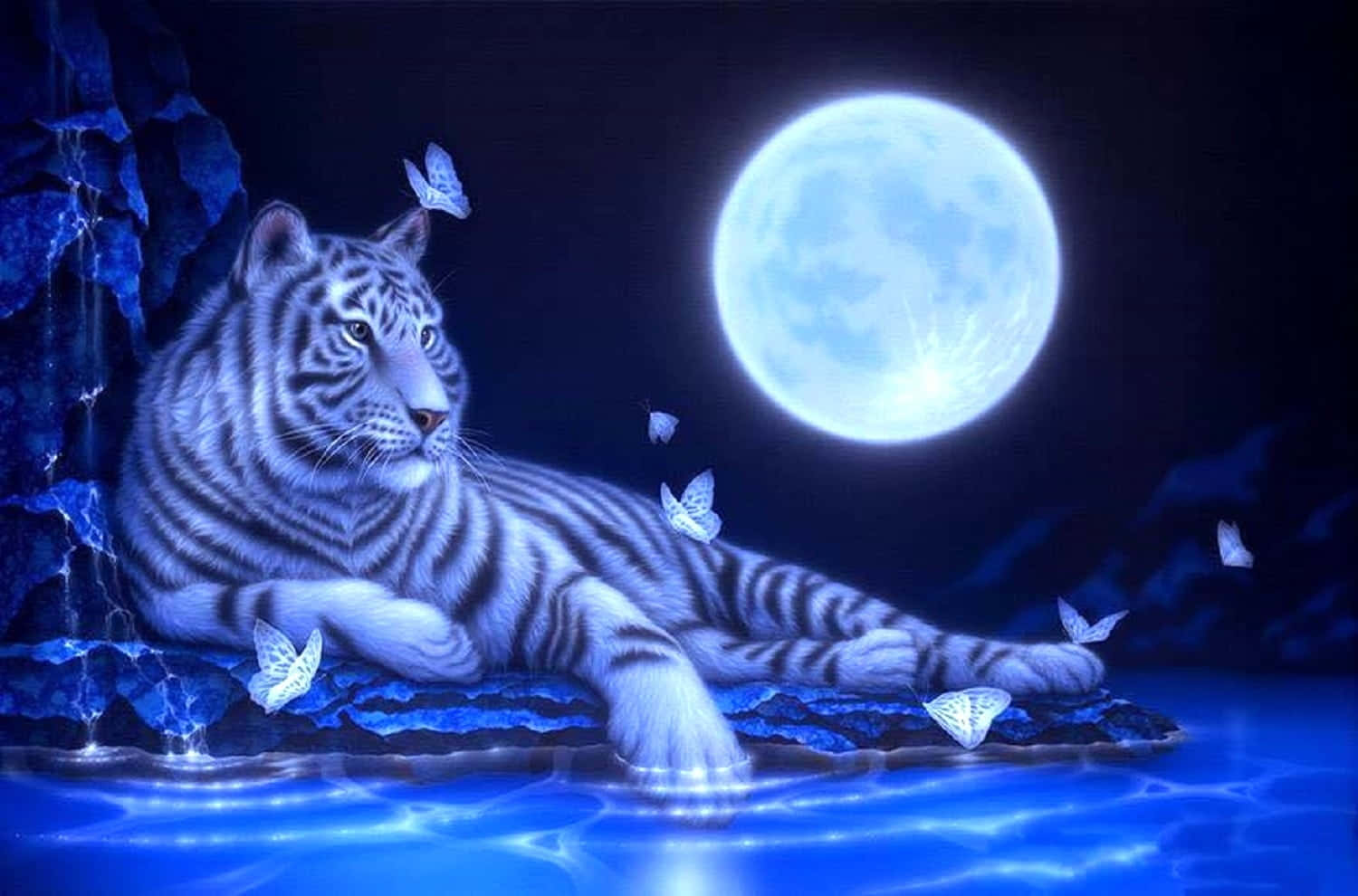A White Tiger Is Laying On The Water With Butterflies