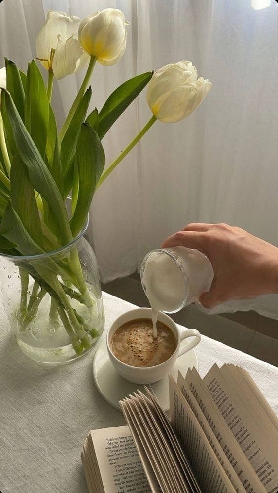 White Tulips And Coffee Aesthetic Wallpaper