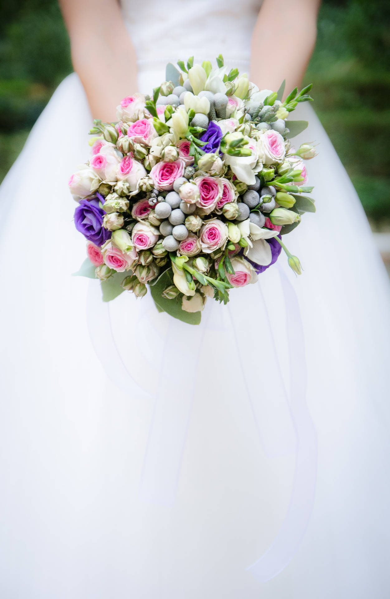 Caption: Serene Beauty of White Tulips and Blush & Blue Roses Bouquet Wallpaper