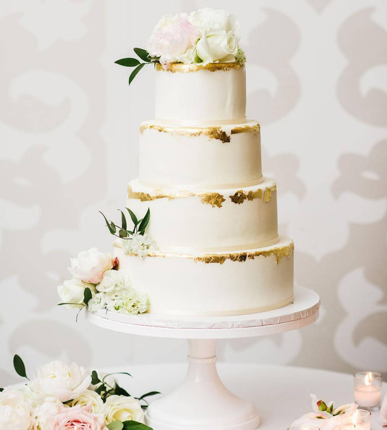White Wedding Cake With Gold Trim Wallpaper