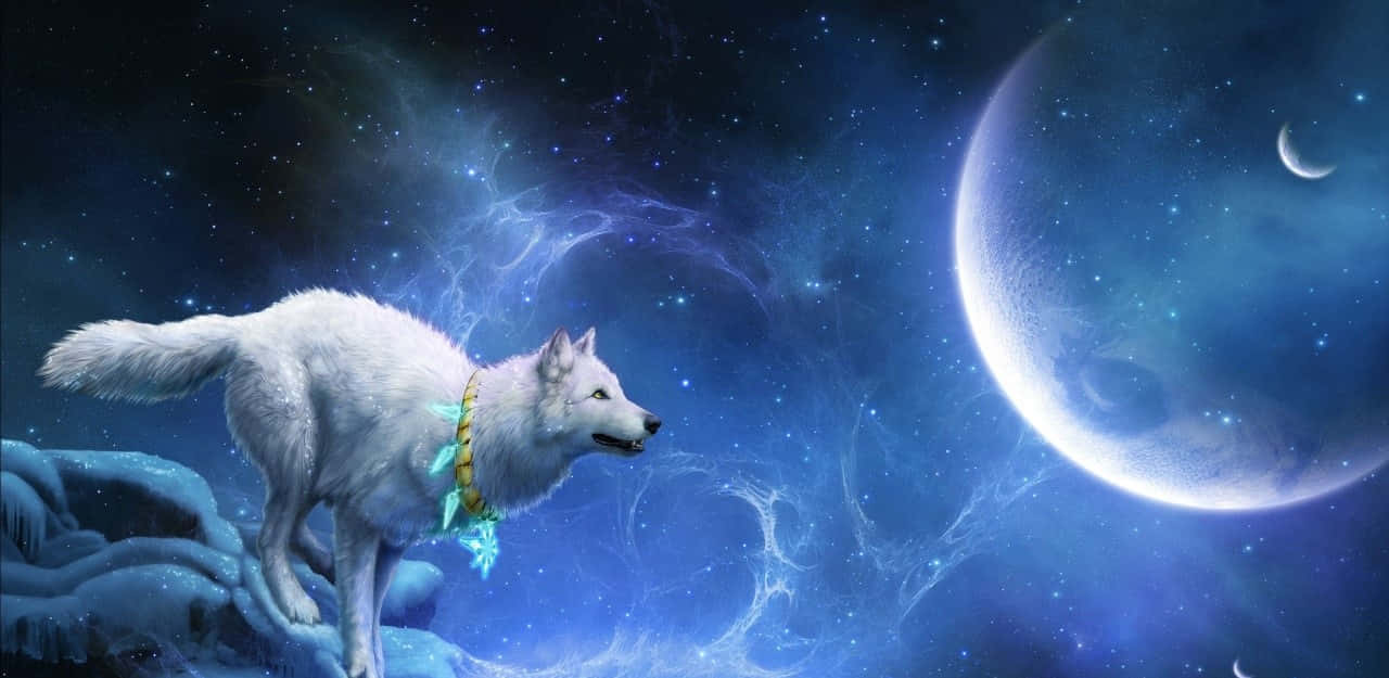 Majestic White Wolf Stands Alert in the Snows Wallpaper