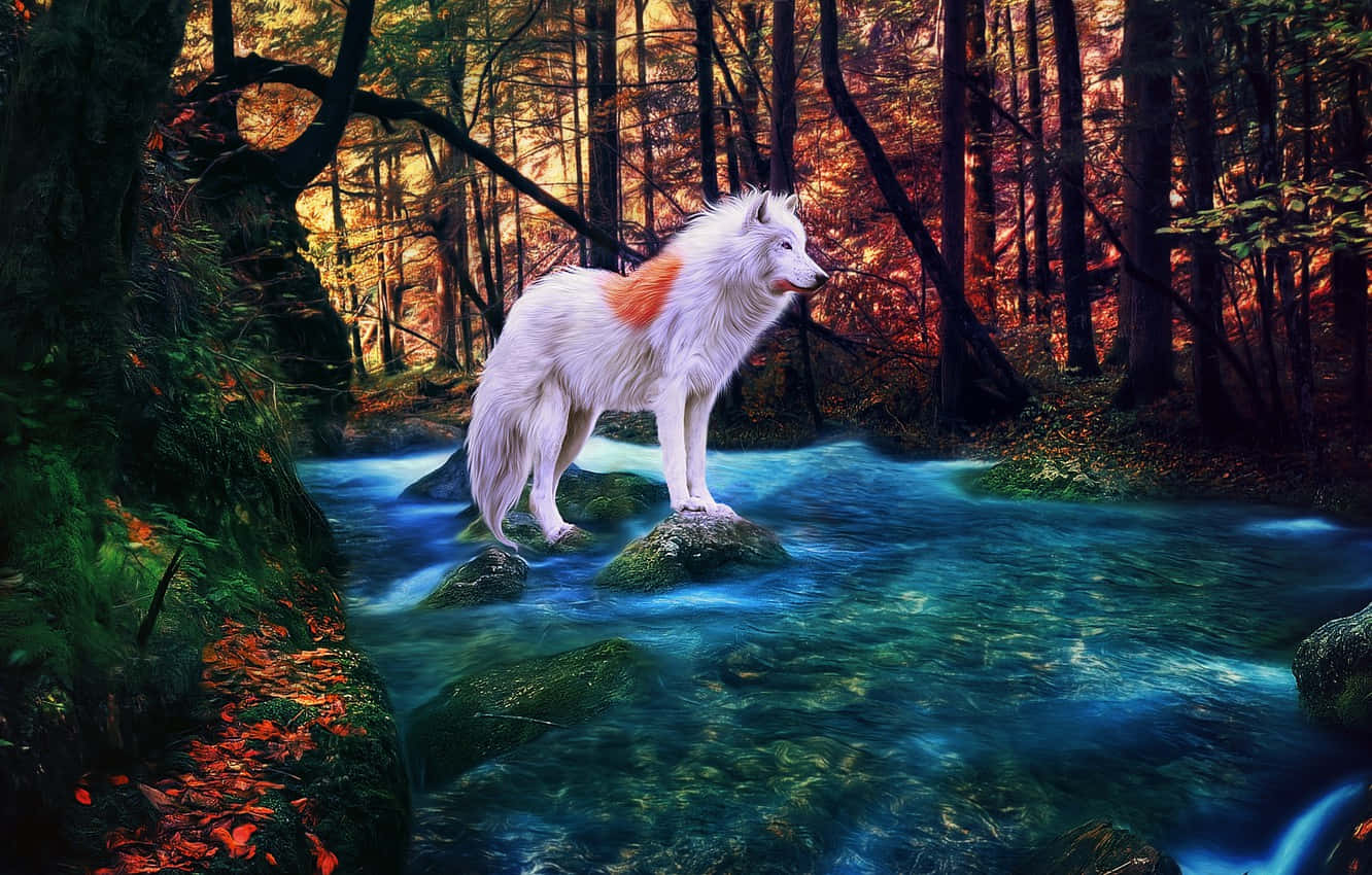 Majestic white wolf in a snowy landscape Wallpaper