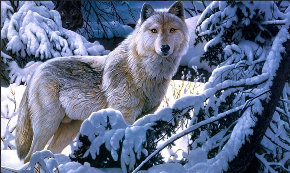 Majestic White Wolf in Snowy Wilderness Wallpaper