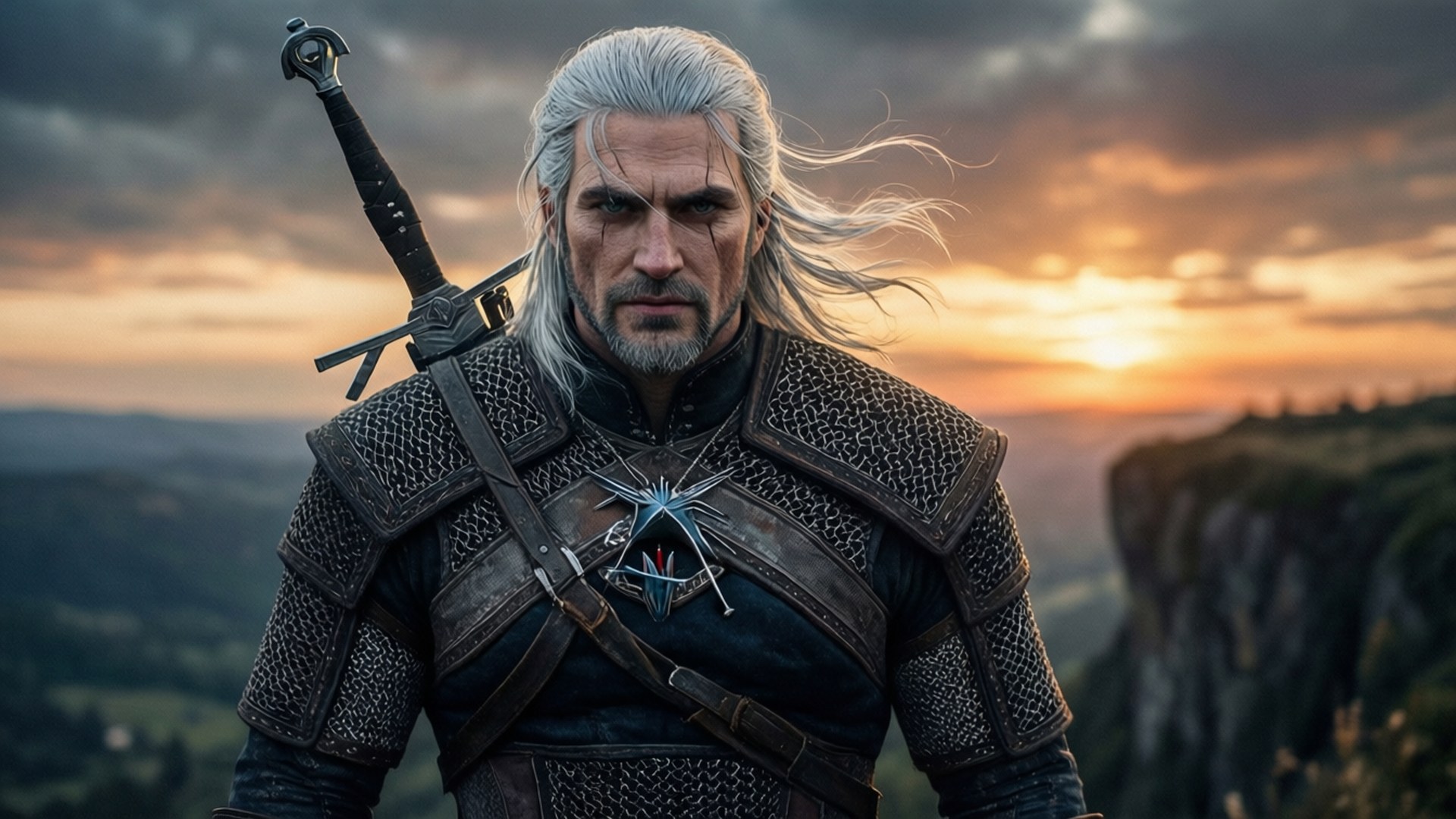 Geralt av Rivia från The Witcher, en stoisk monsterjägare i en fantasivärld.