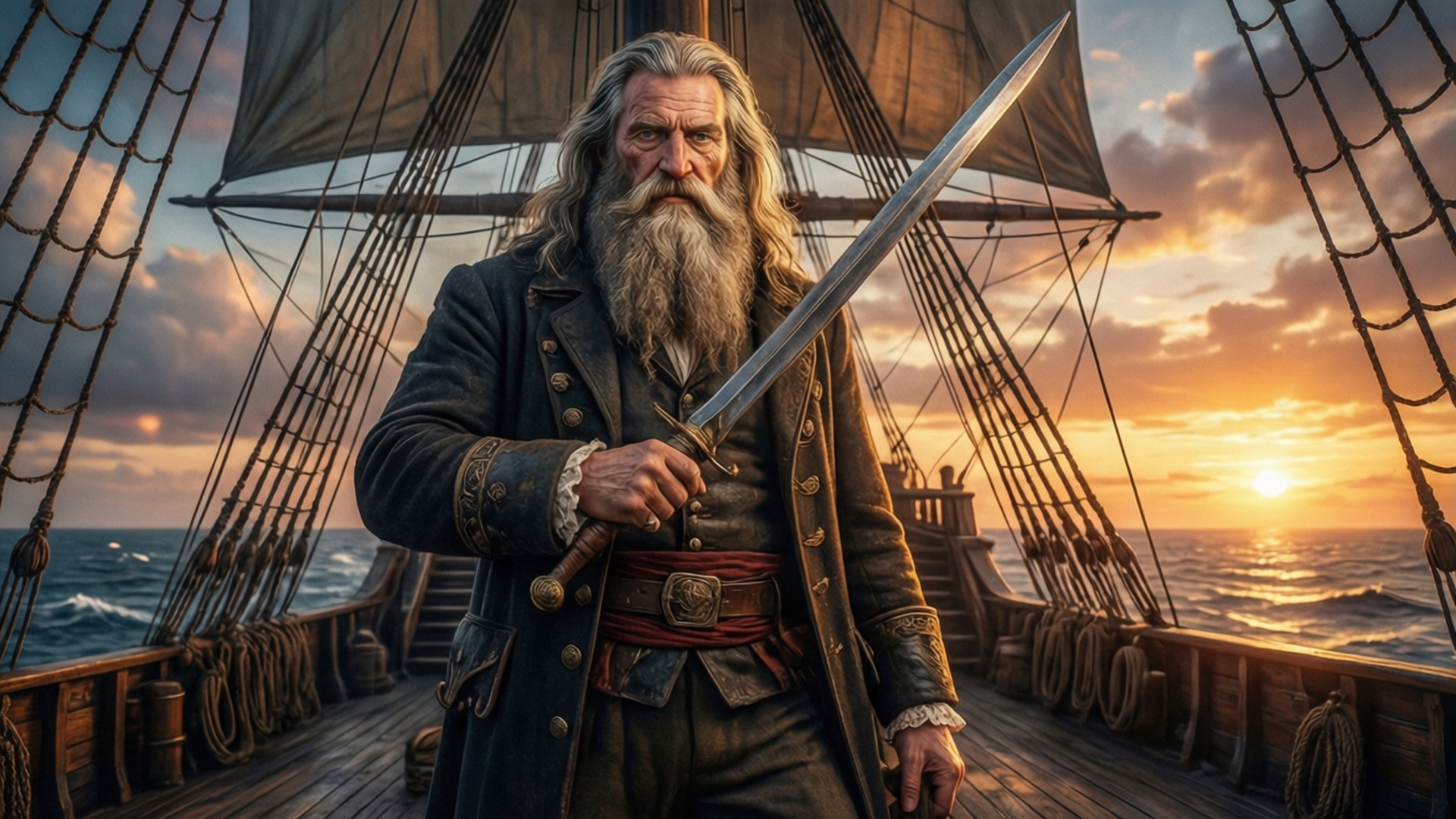 Edward Newgate står heroisk på Moby Dicks dæk, episk solnedgangsbaggrund.