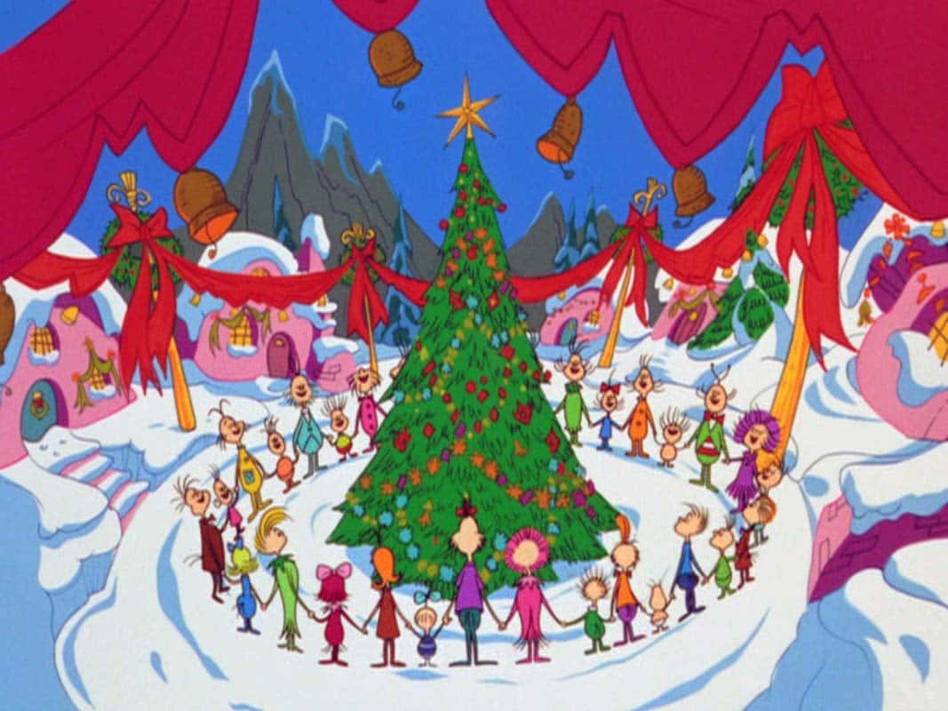 Et tegneserie juletræ med mennesker omkring det. Wallpaper
