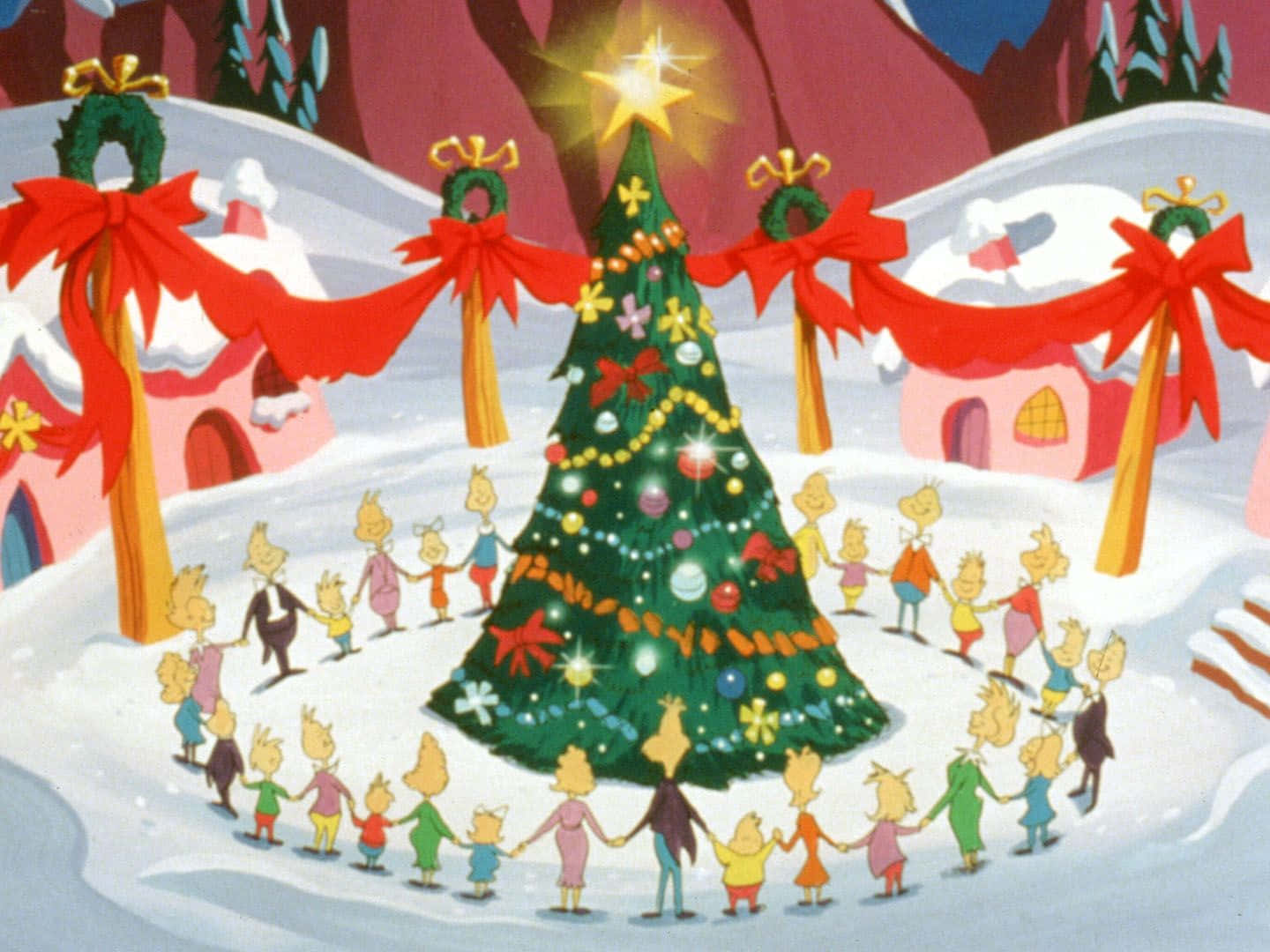 Et tegnefilm juletræ med mennesker omkring det Wallpaper