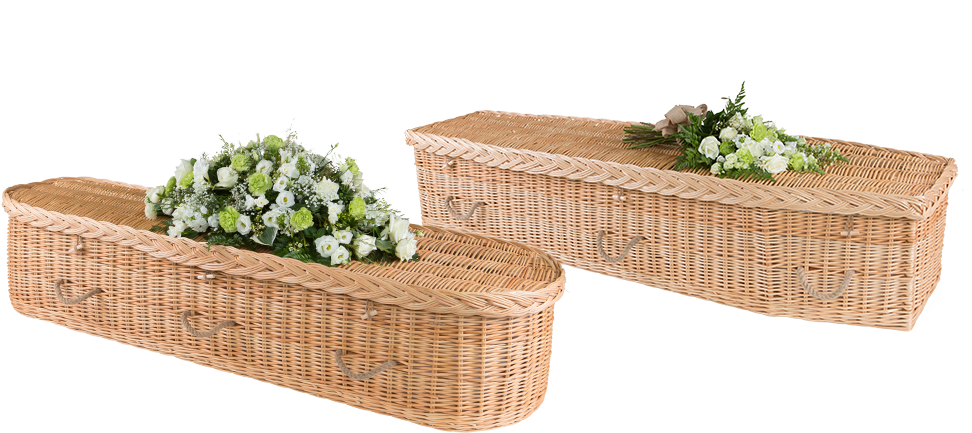 Wicker Coffinswith Floral Arrangements PNG