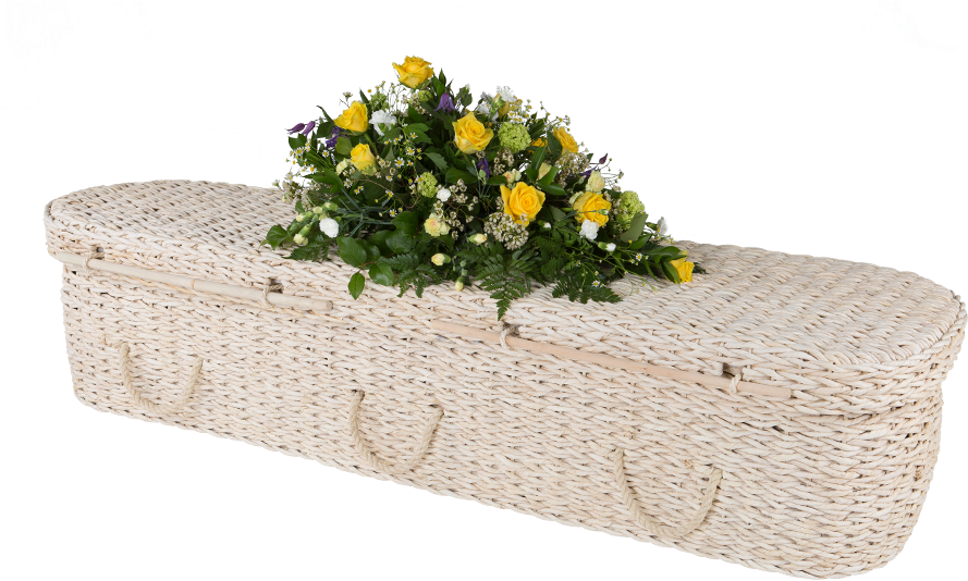 Wicker Coffinwith Floral Arrangement PNG