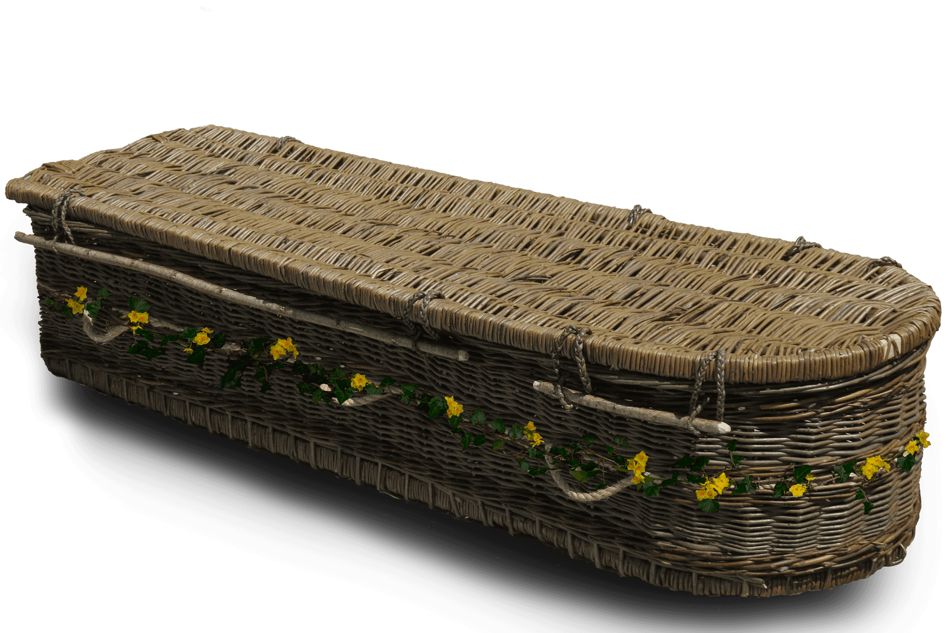 Wicker Coffinwith Floral Decoration PNG