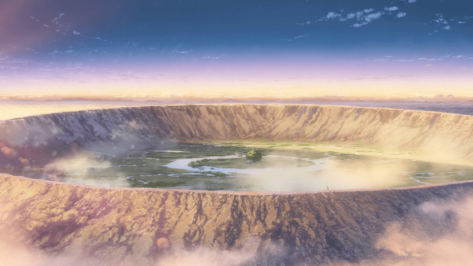 Paisajede Anime Con Un Cráter Amplio Y Abierto. Fondo de pantalla