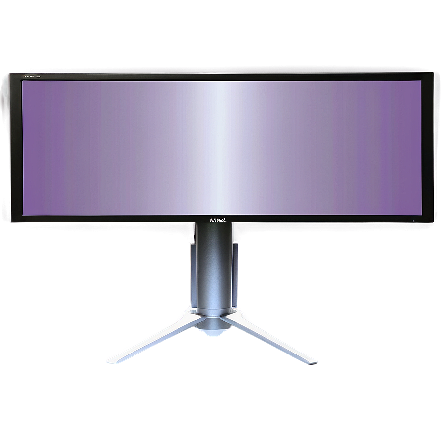 Ein gebogener Monitor mit leuchtend weißem Ständer vor einer lila Wand