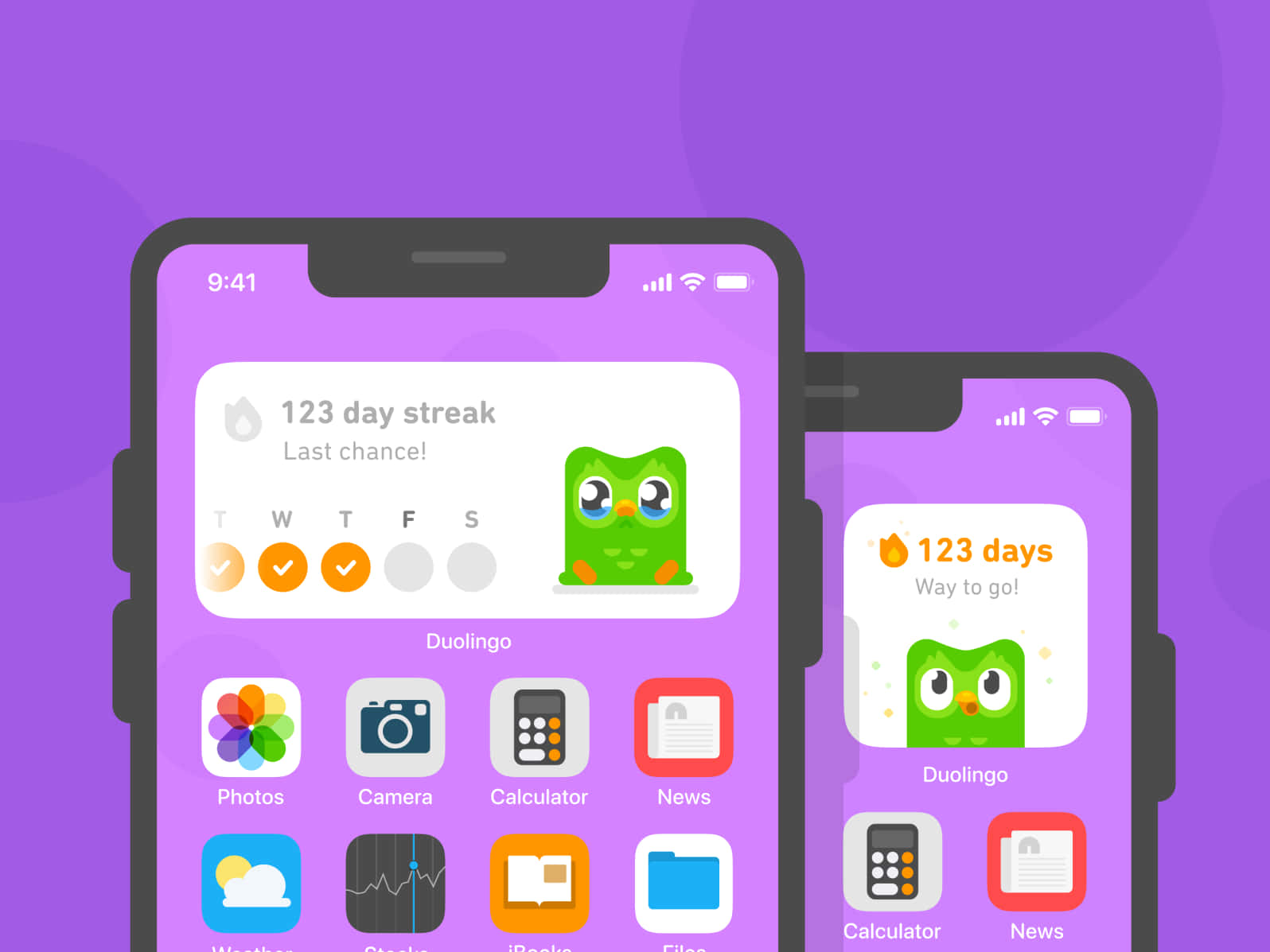 a purple phone with two screens showing different apps