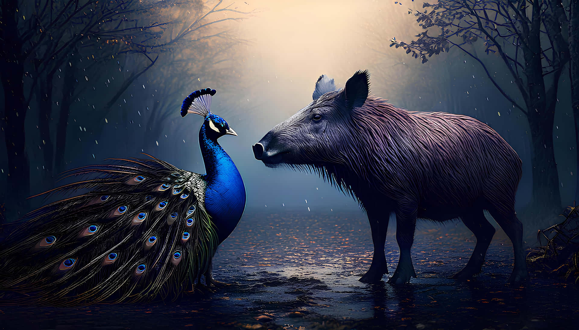 Wild Boar And Peacock Wallpaper