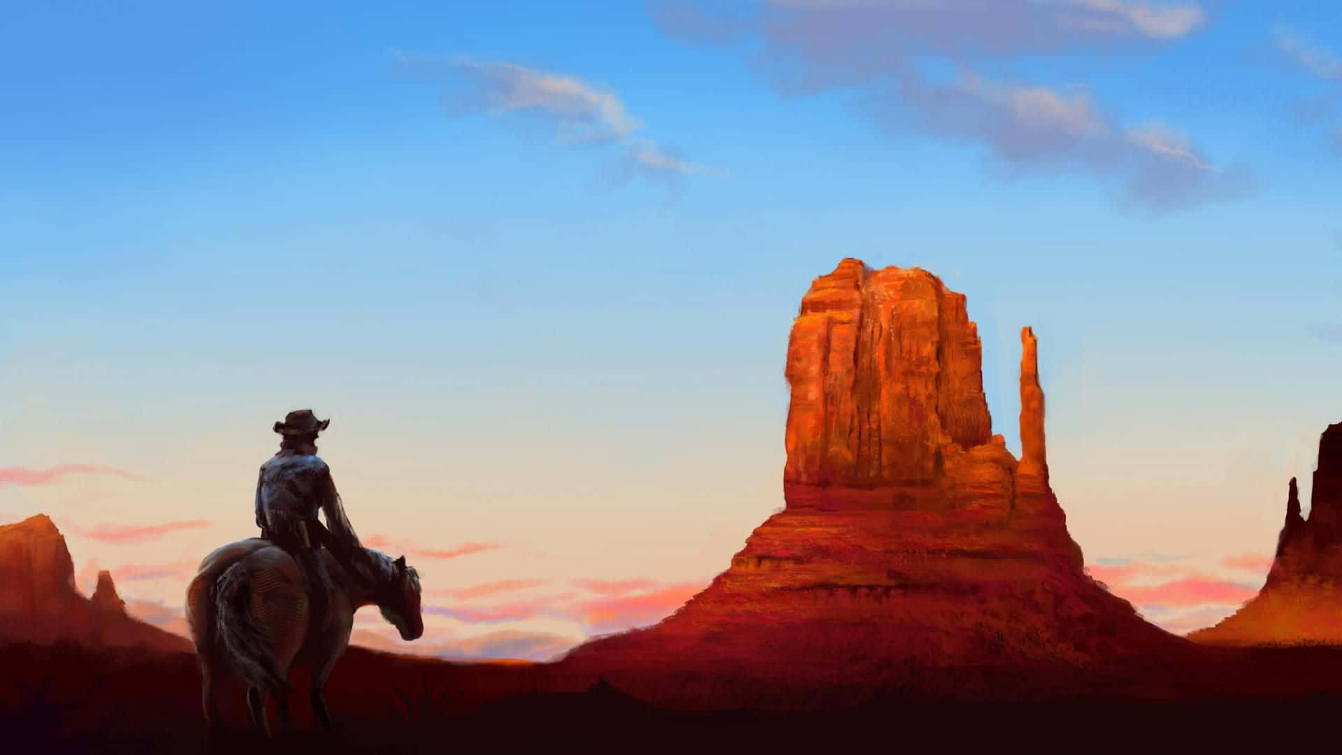 Cowboys ride across the vast Wild West landscape