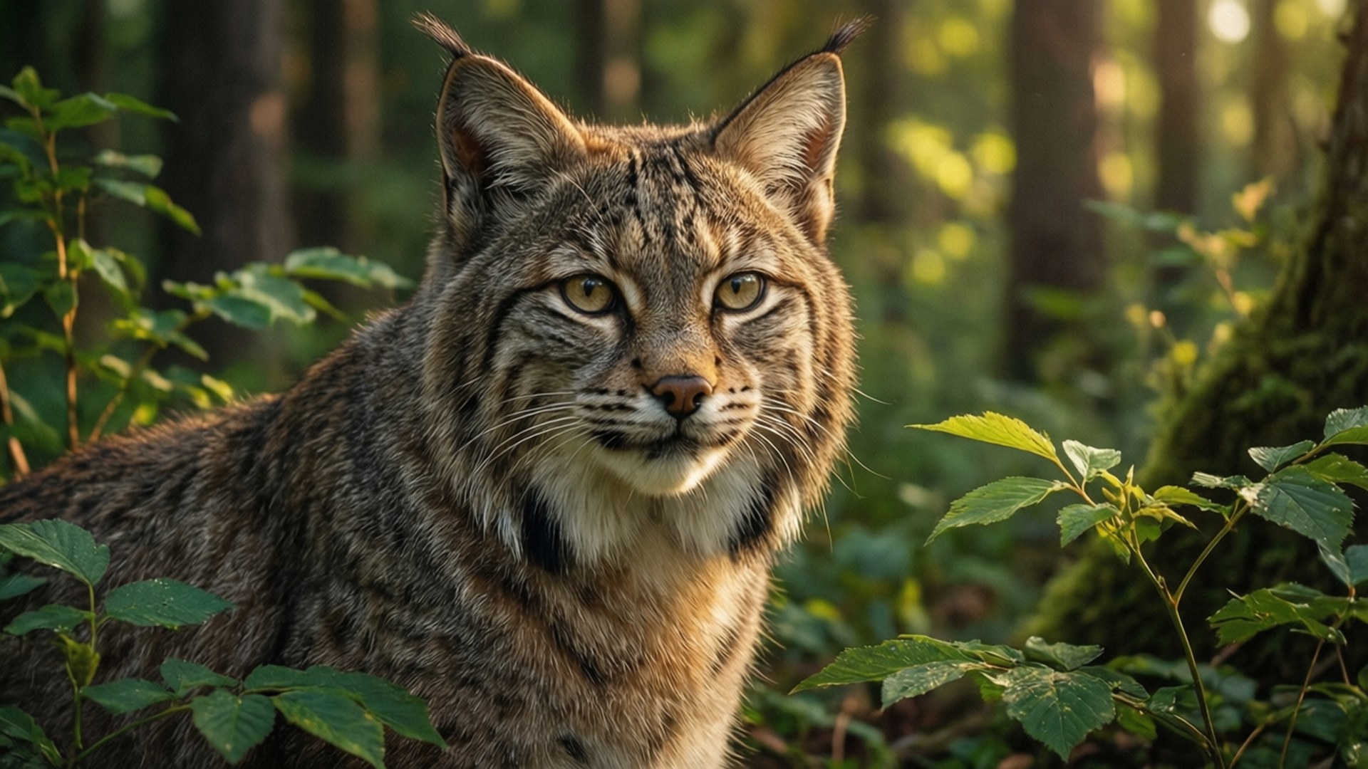 Realistisk villkatt i en solbelyst skog, majestetisk og naturlig.