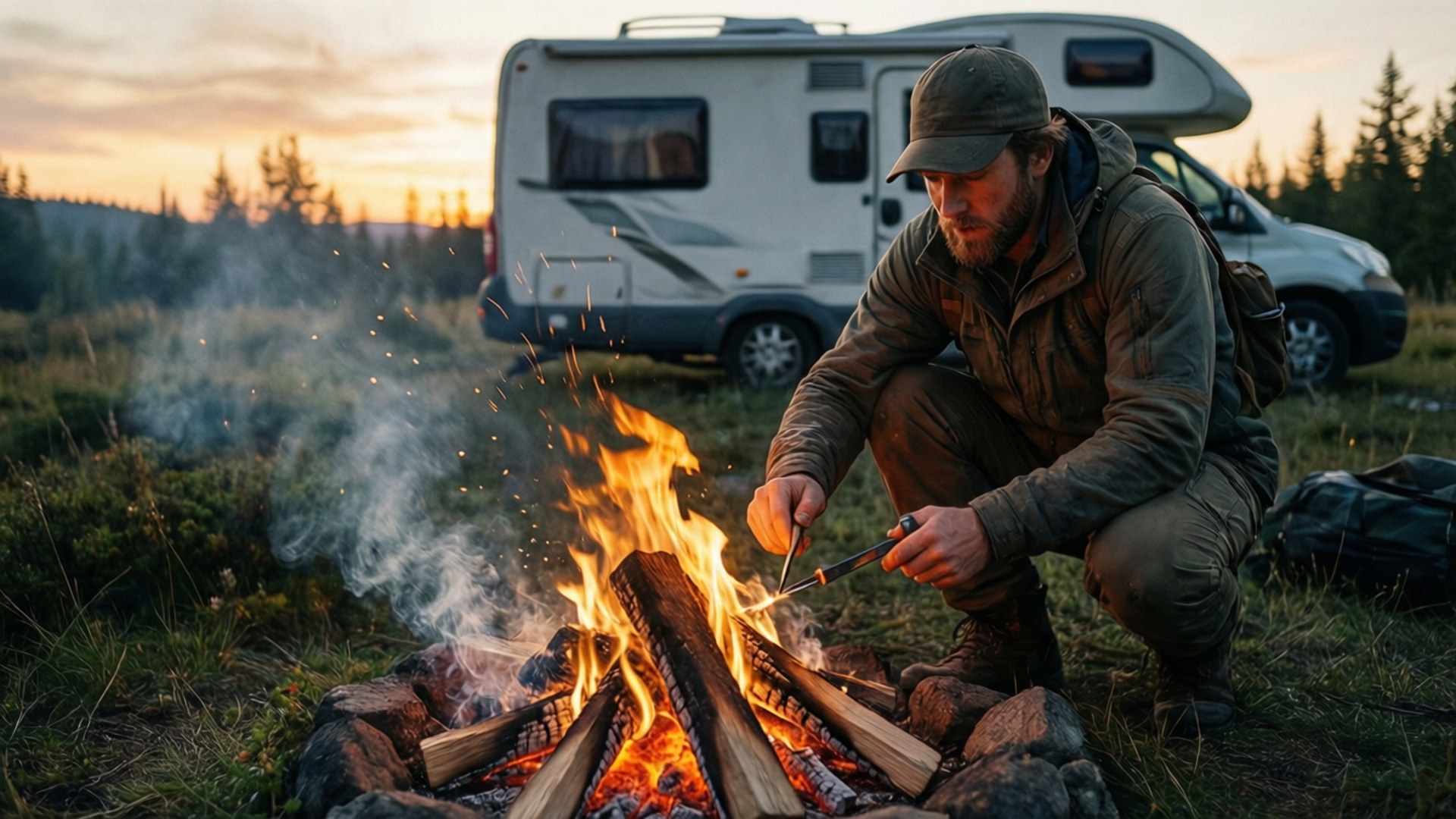 Camper igniting fire with flint and steel at sunset